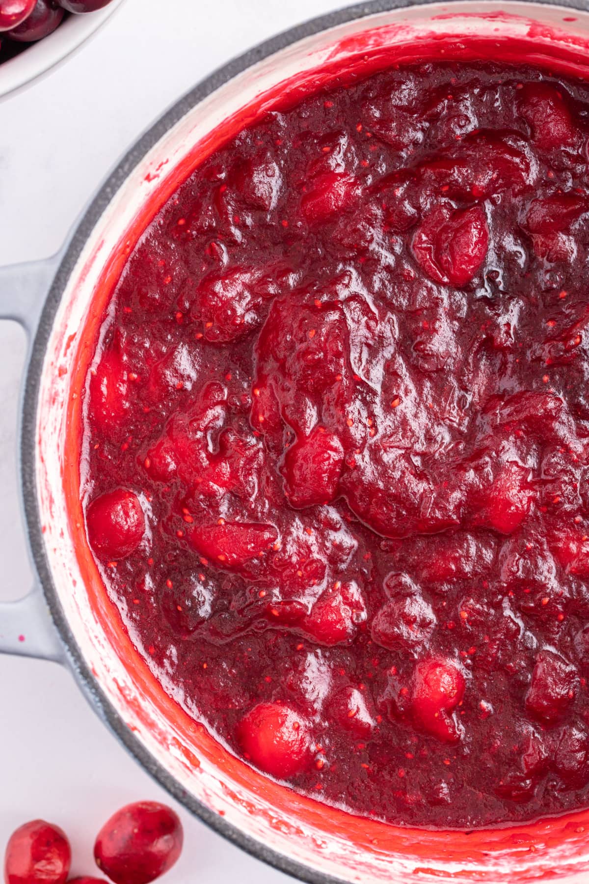 Fresh Cranberry Jam recipe from RecipeGirl.com pot of fresh cranberry jam
