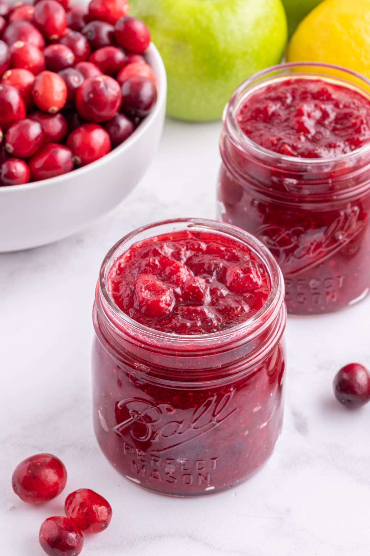 Fresh Cranberry Jam recipe from RecipeGirl.com jars of fresh cranberry jam