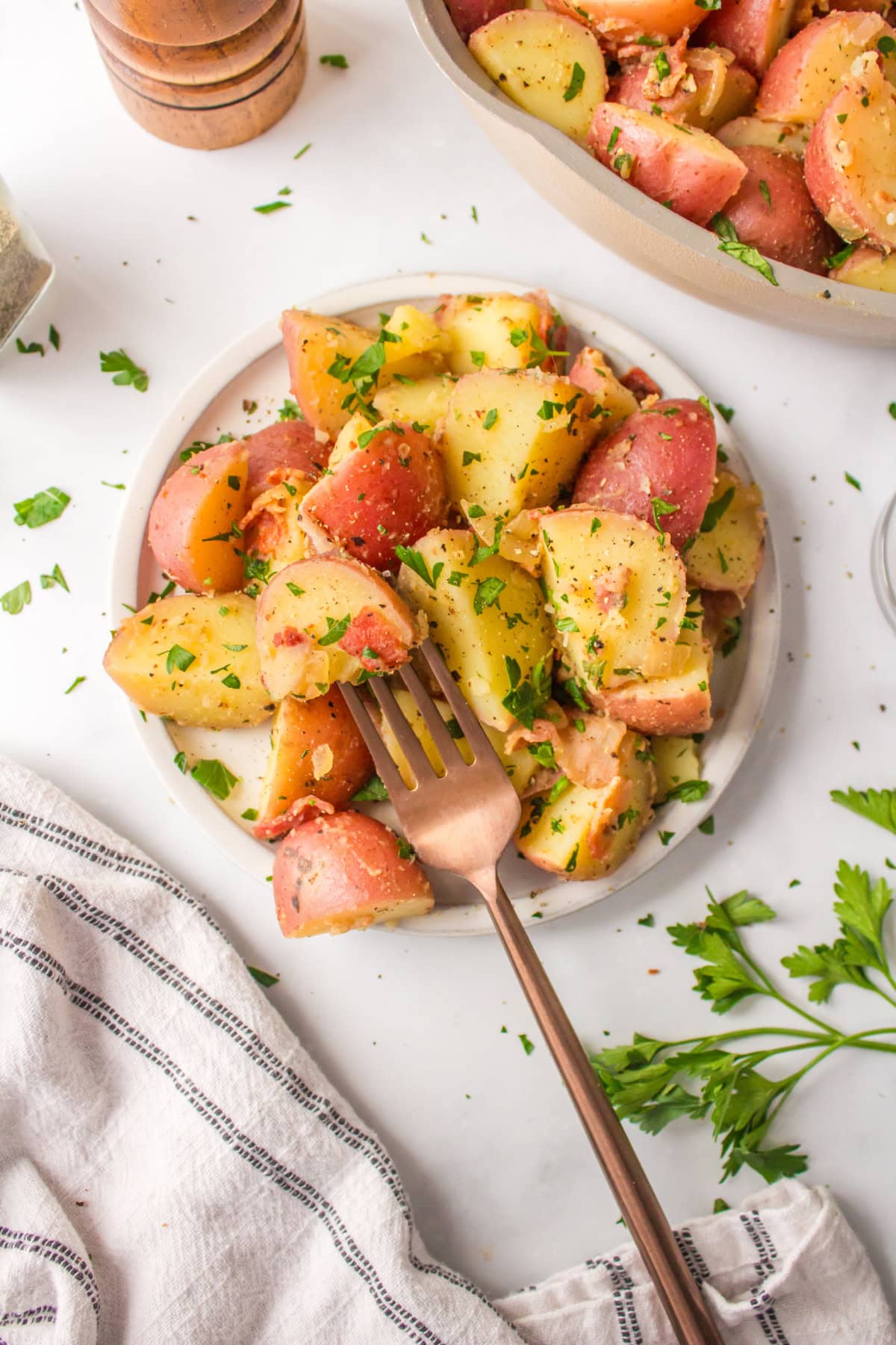 German Potato Salad recipe from RecipeGirl.com fork in a plate of german potato salad