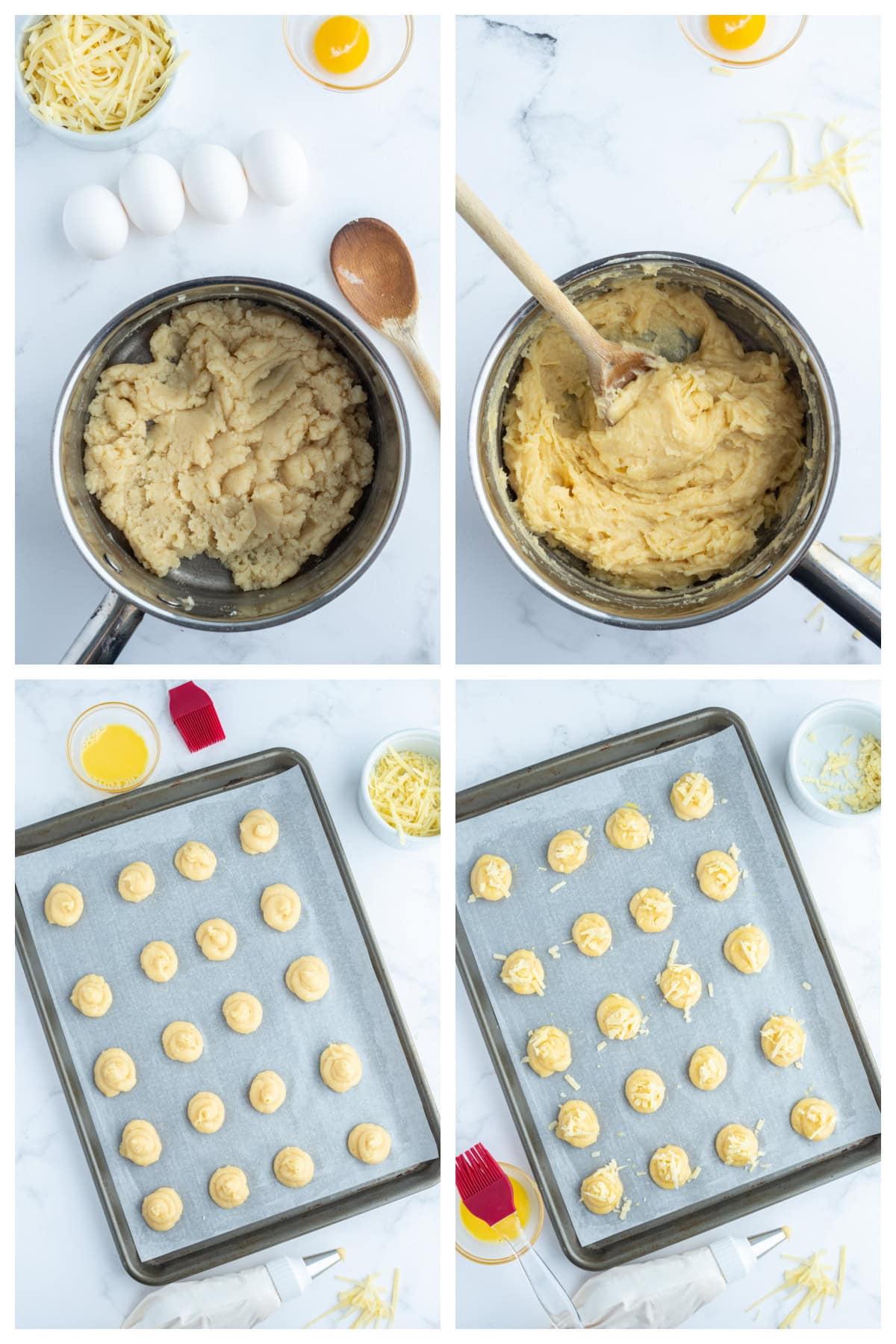Gougeres French cheese puffs recipe from RecipeGirl.com four photos showing how to make gougeres