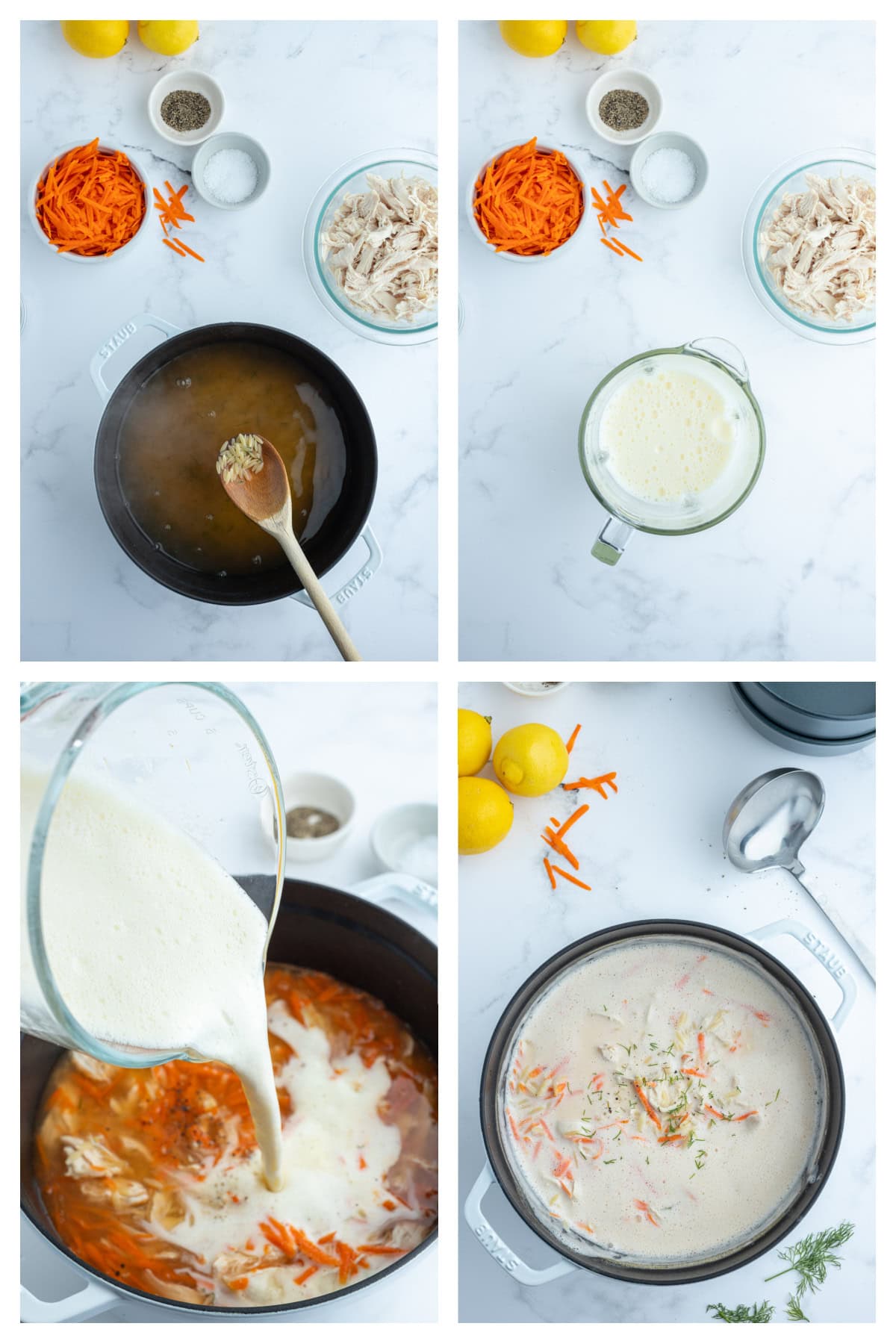 Greek Orzo and Chicken Soup recipe from RecipeGirl.com four photos showing how to make greek orzo and chicken soup