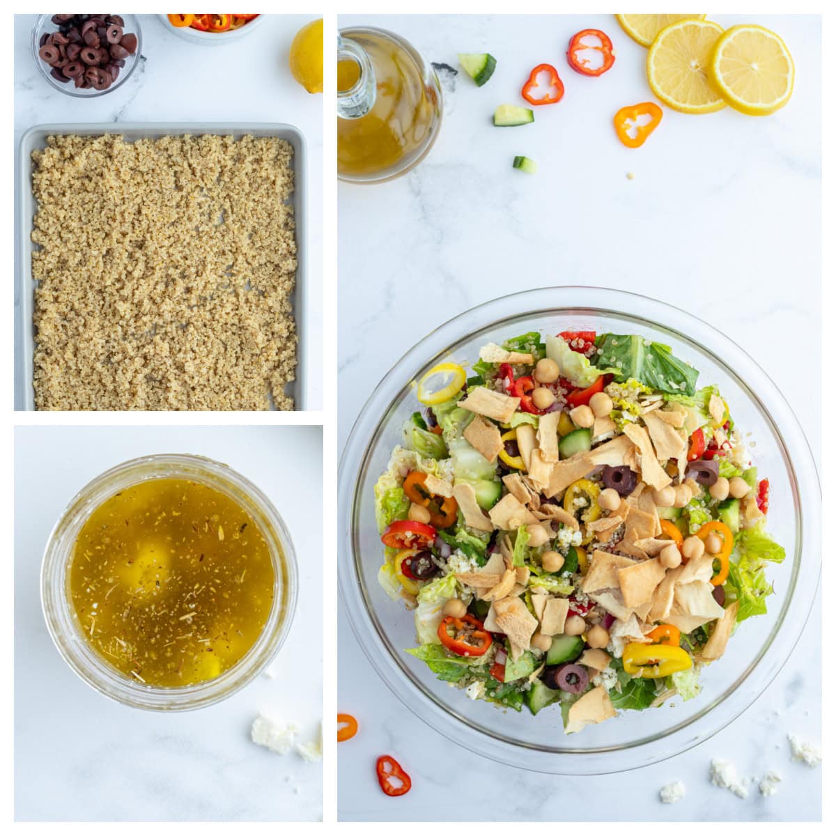 Greek Quinoa Chopped Salad recipe from RecipeGirl.com three photos showing how to make greek quinoa chopped salad