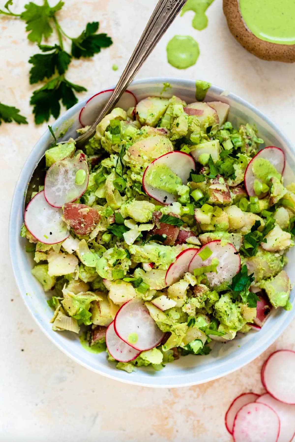 21 Favorite Potato Salad Recipes collection on RecipeGirl.com green goddess potato salad in bowl