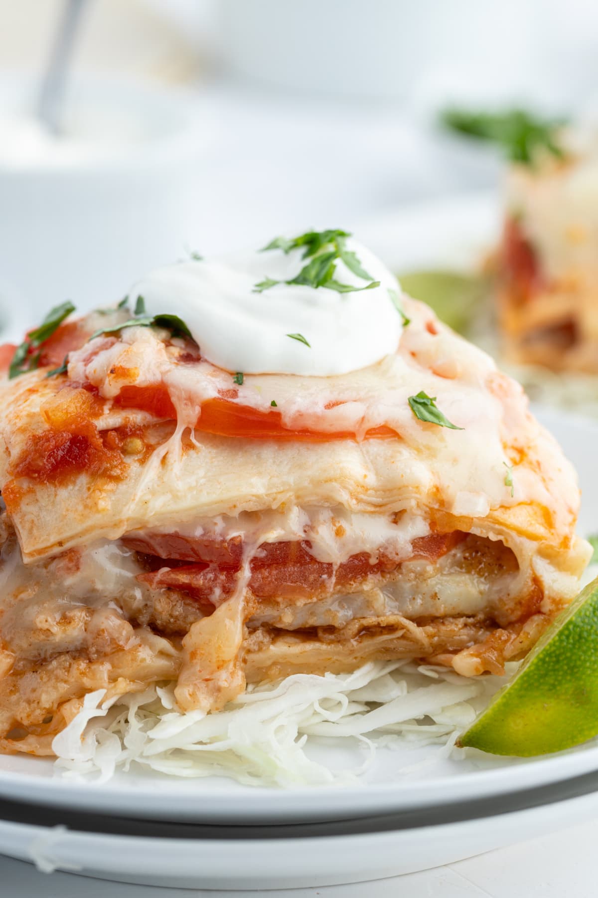 Inside Out Fish Tacos, otherwise known as Fish Taco Casserole recipe from RecipeGirl.com peek at serving of inside out fish tacos on plate