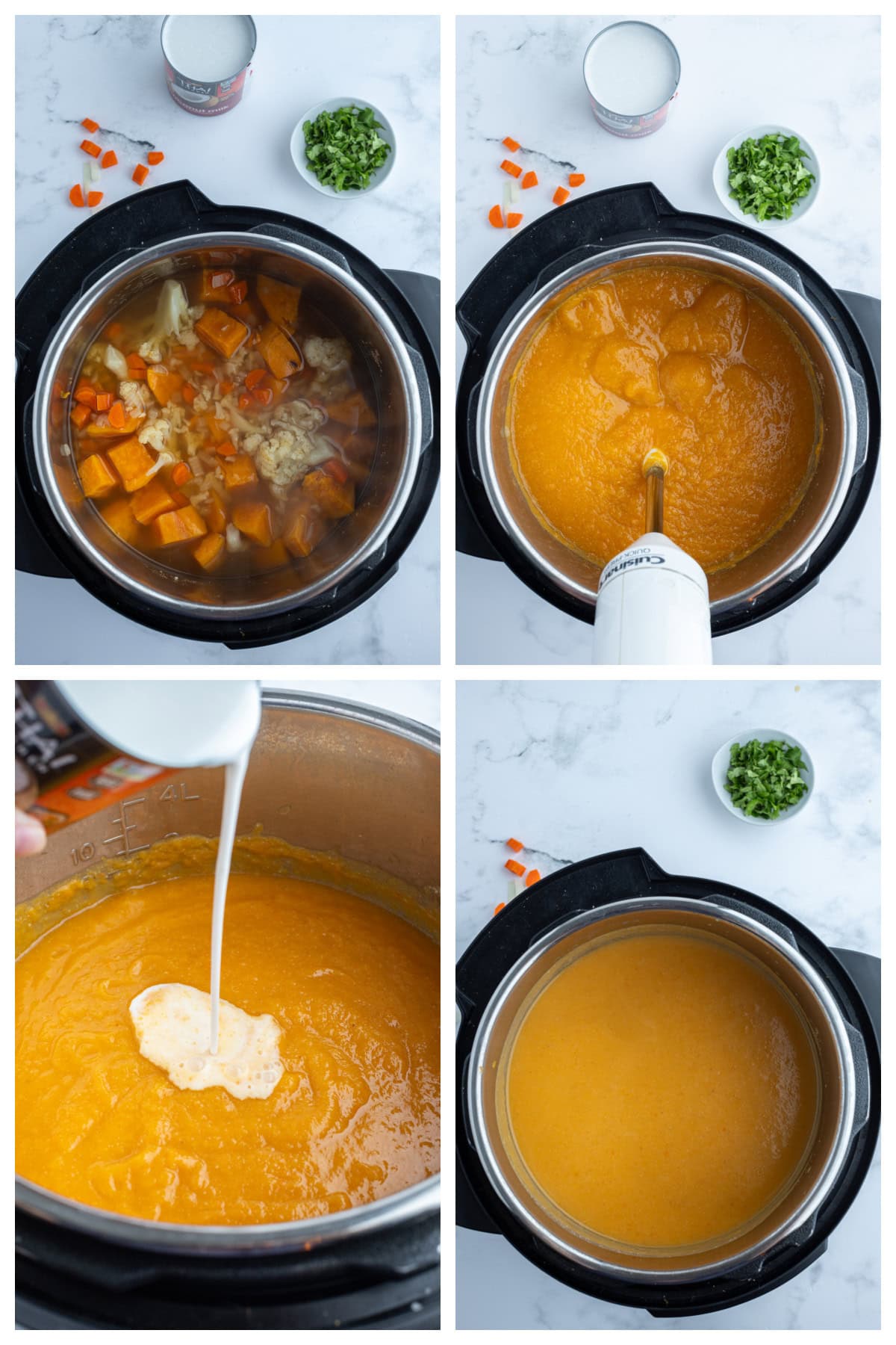 Instant Pot Cauliflower and Sweet Potato Soup recipe from RecipeGirl.com four photos sharing how to make instant pot cauliflower and sweet potato soup