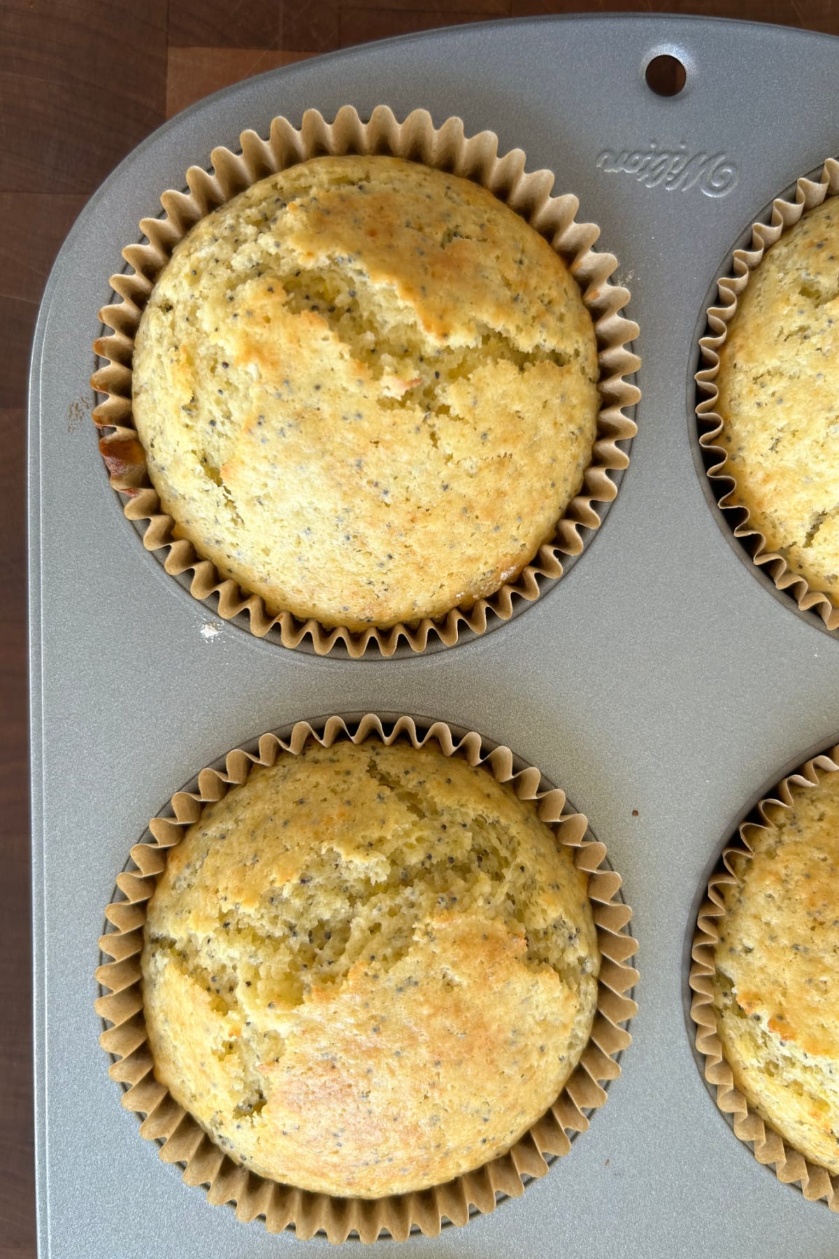 Lemon Poppy Seed Muffins recipe from RecipeGirl.com overhead shot of poppy seed muffins in pan