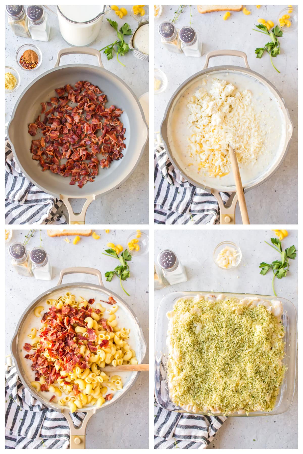 Macaroni and Cheese with Bacon recipe from RecipeGirl.com #macaroni #cheese #macaroniandcheese #bacon #recipe #RecipeGirl four photos showing how to make bacon macaroni and cheese