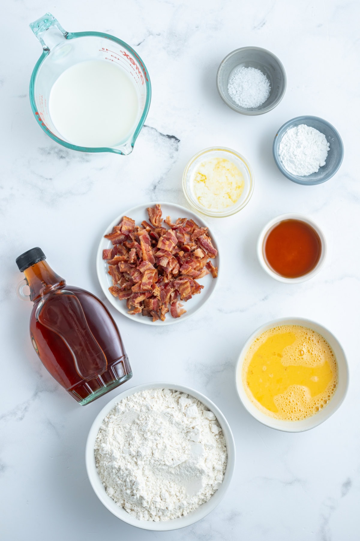 Maple Bacon Waffles recipe from RecipeGirl.com ingredients displayed for making maple bacon waffles