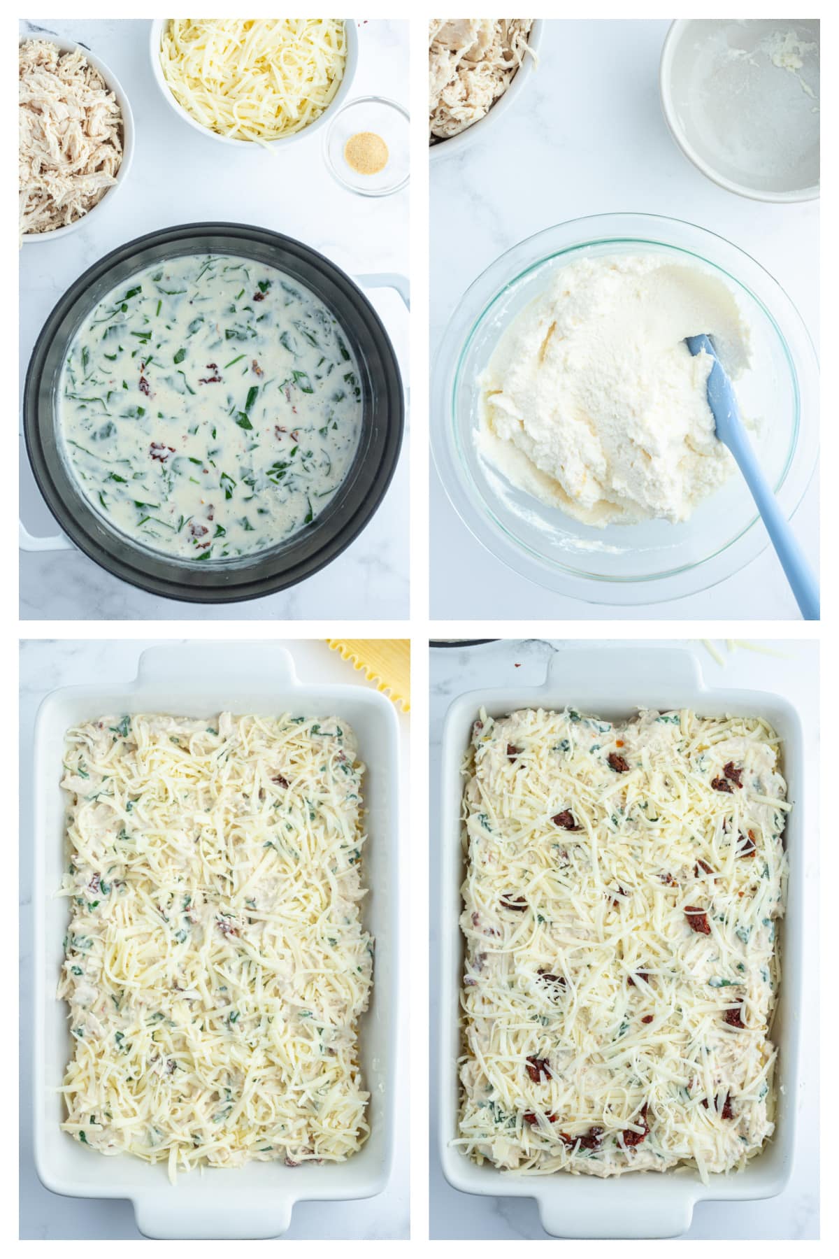 Marry Me Chicken Lasagna recipe from RecipeGirl.com four photos showing how to make marry me chicken lasagna