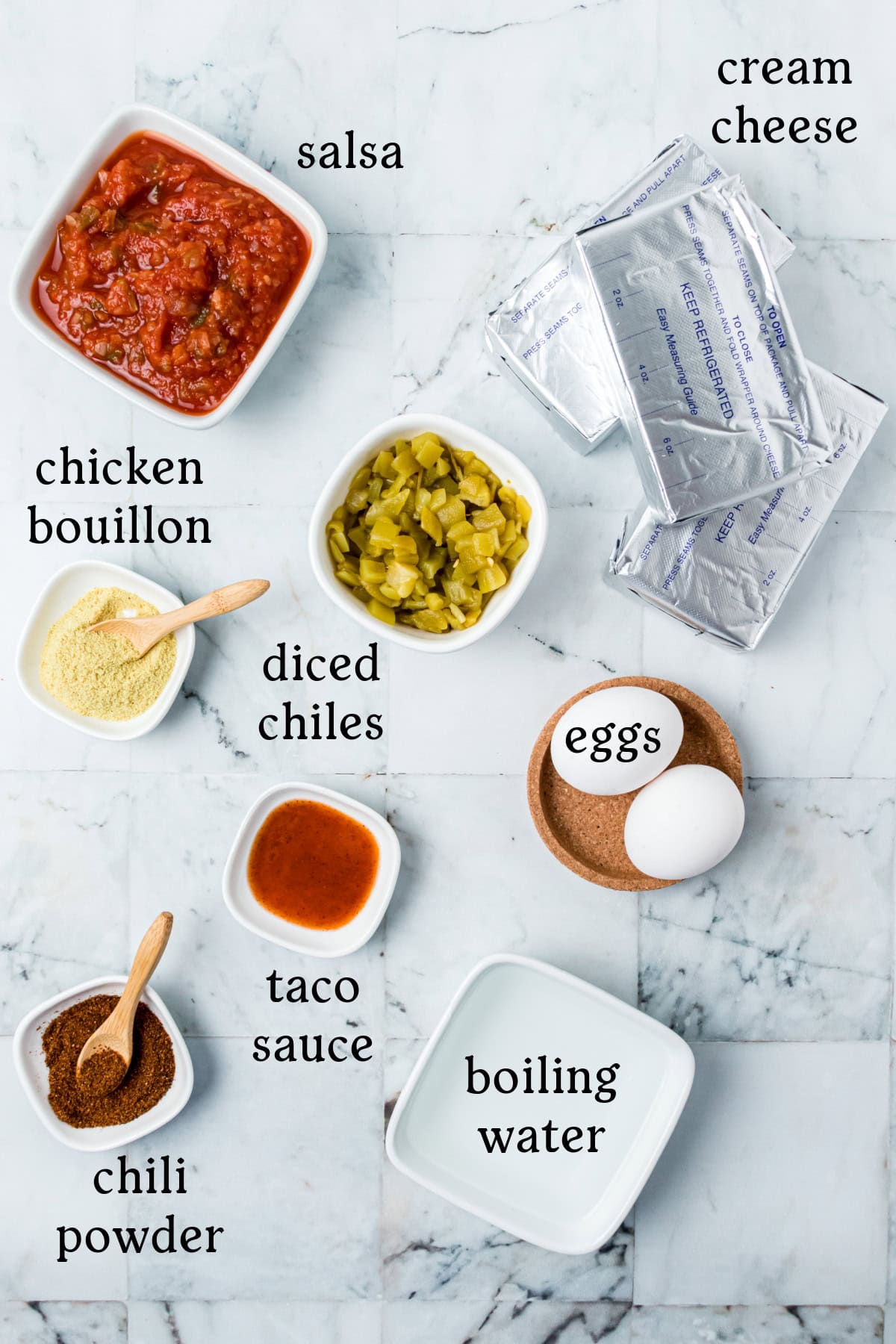 Mexican Cheesecake Dip recipe from RecipeGirl.com ingredients displayed for making mexican cheesecake dip