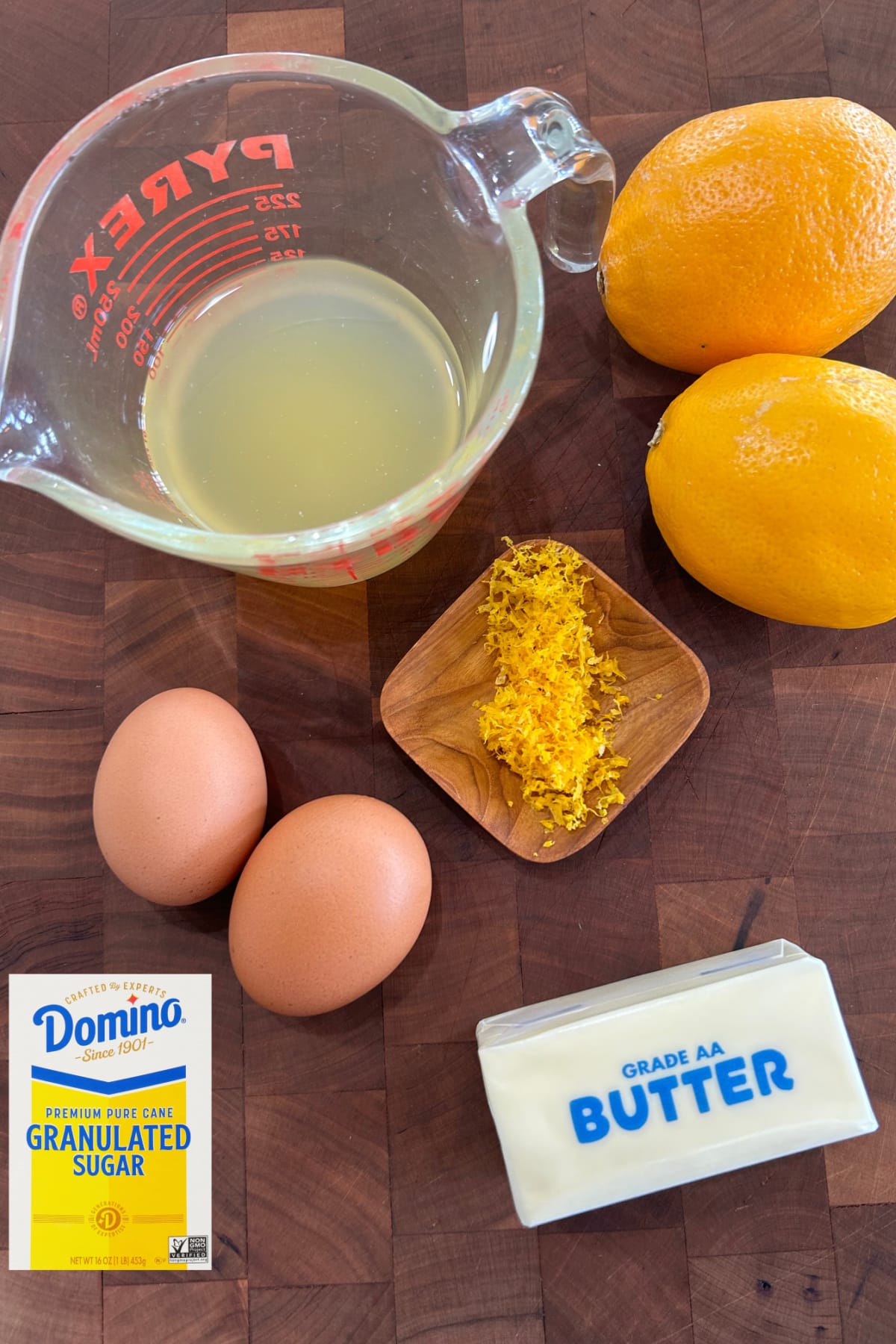 Easy Meyer Lemon Curd recipe from RecipeGirl.com ingredients displayed for making meyer lemon curd