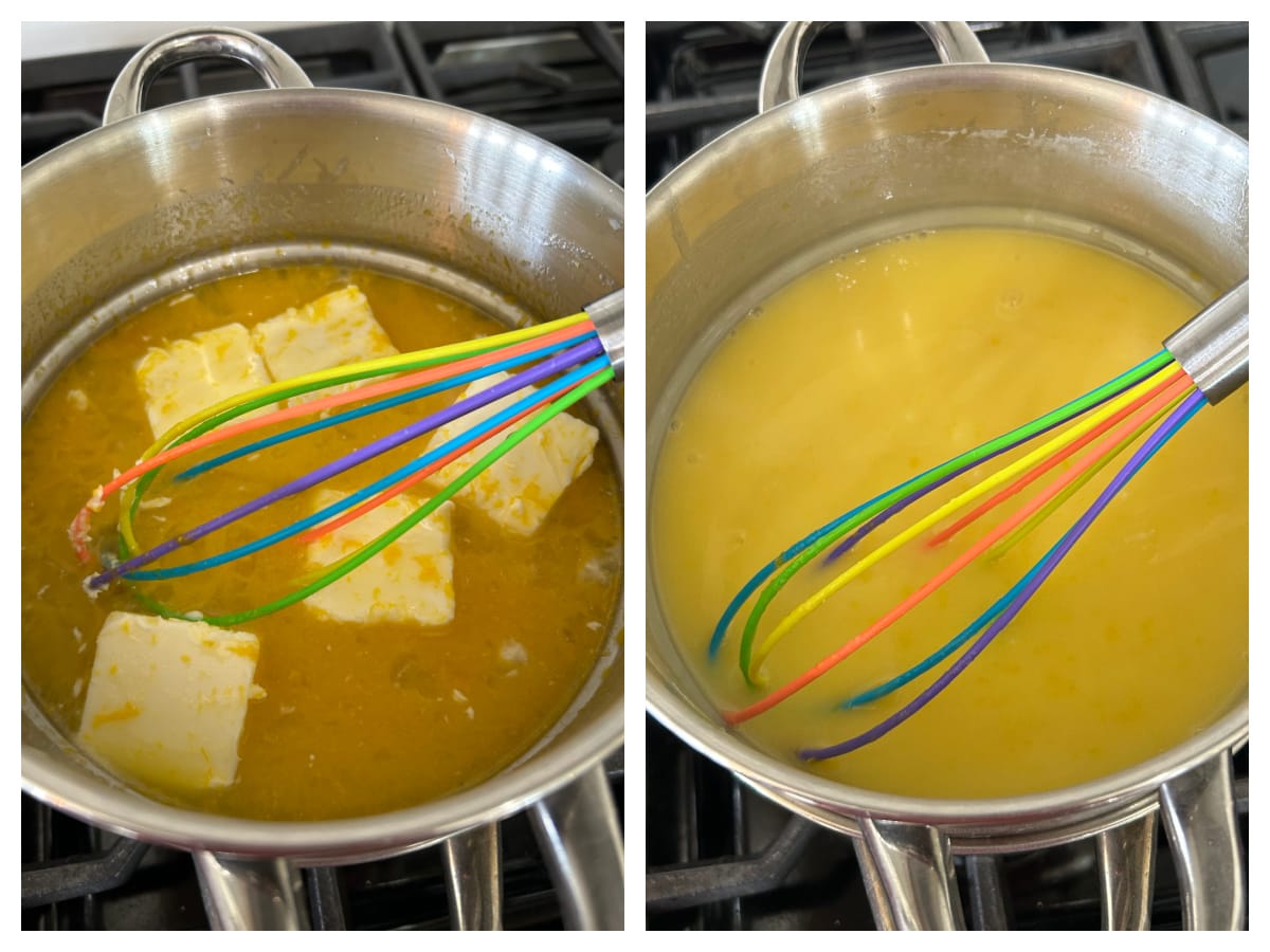 Easy Meyer Lemon Curd recipe from RecipeGirl.com two photos showing making meyer lemon curd in pan