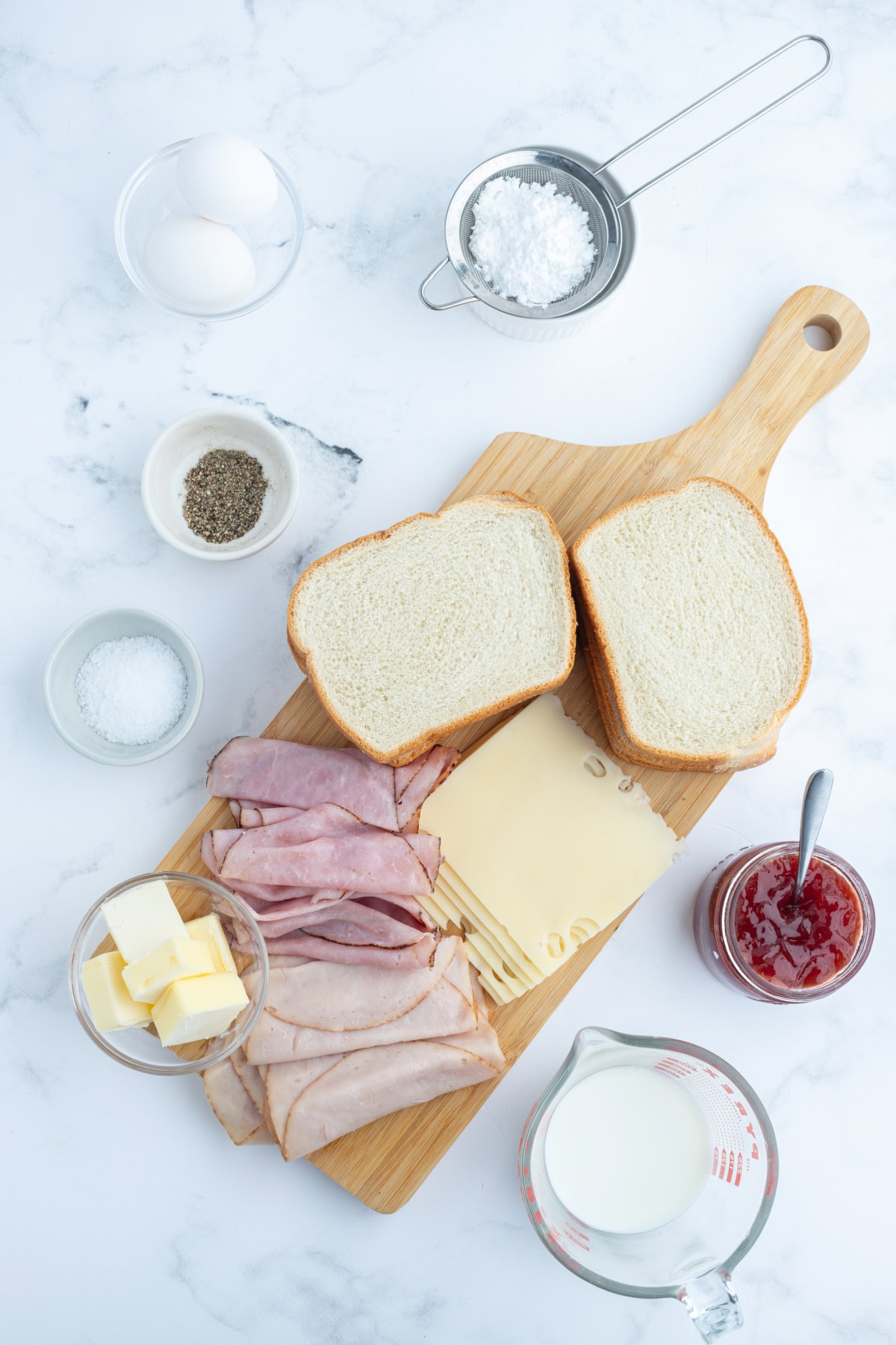 Monte Cristo Sandwich : classic French recipe from RecipeGirl.com ingredients displayed for making monte cristo