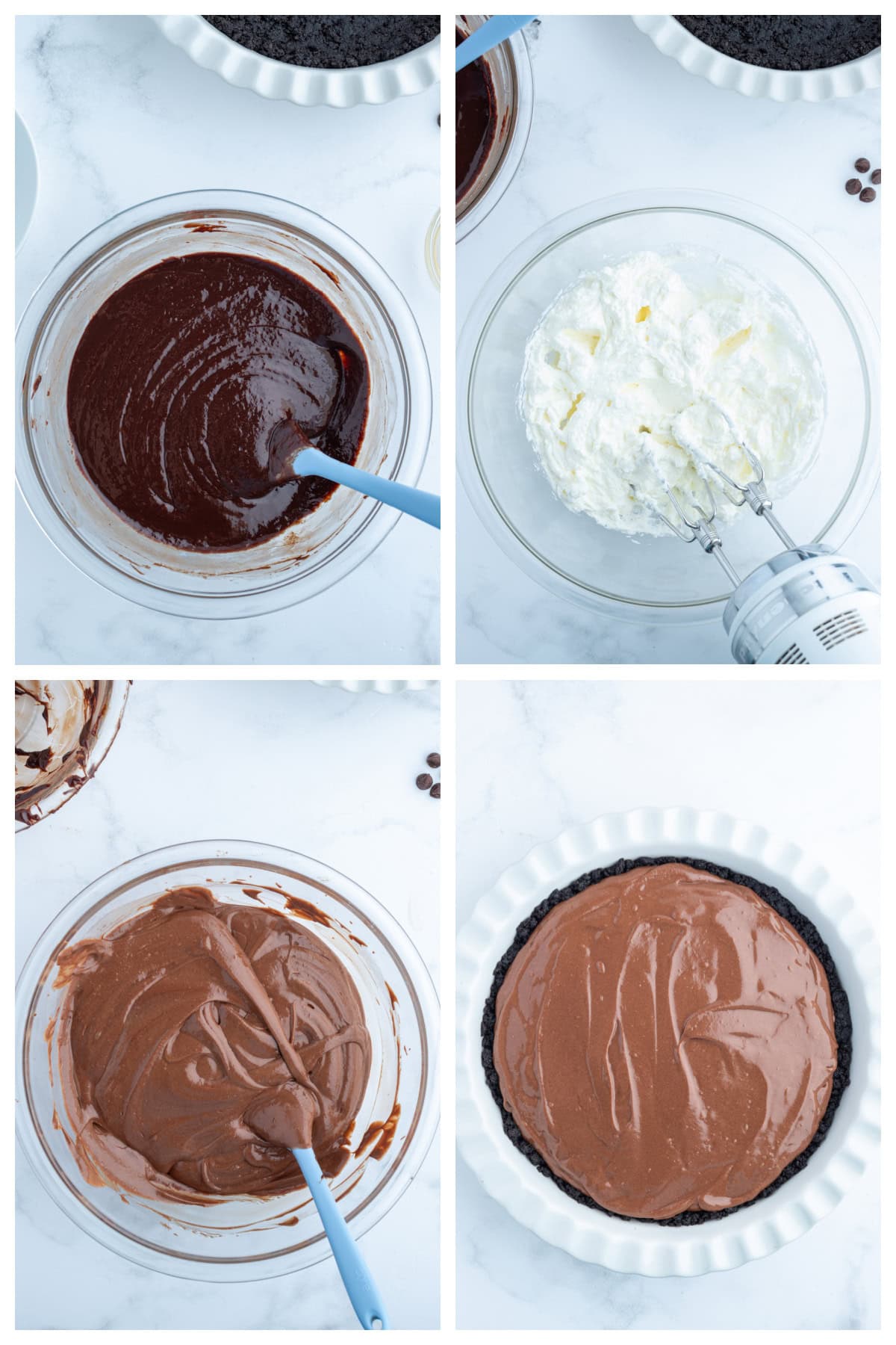 No Bake Easy Chocolate Truffle Pie recipe from RecipeGirl.com four photos showing how to make no bake easy chocolate truffle pie