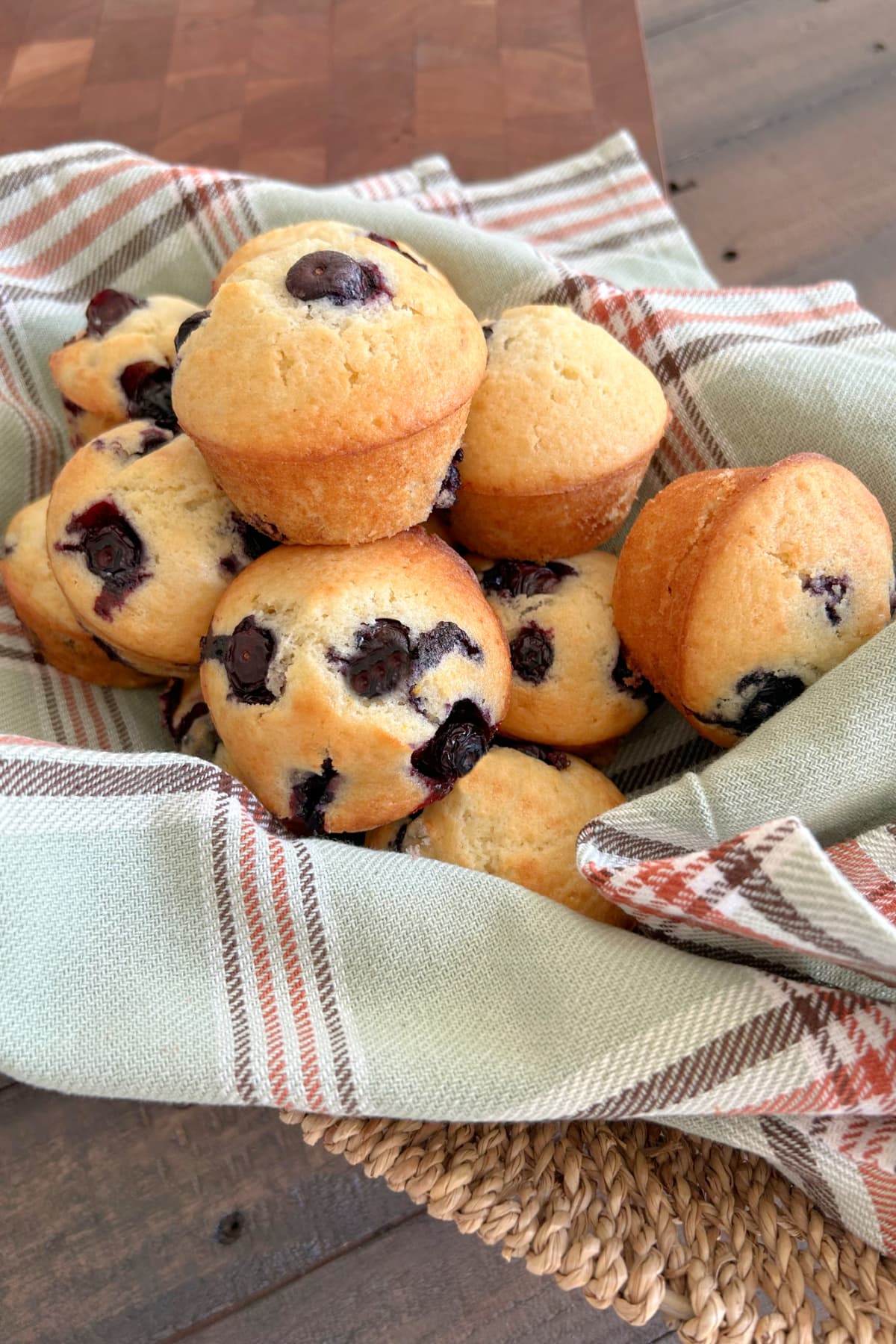 Old Fashioned Blueberry Muffins recipe from RecipeGirl.com basket of blueberry muffins