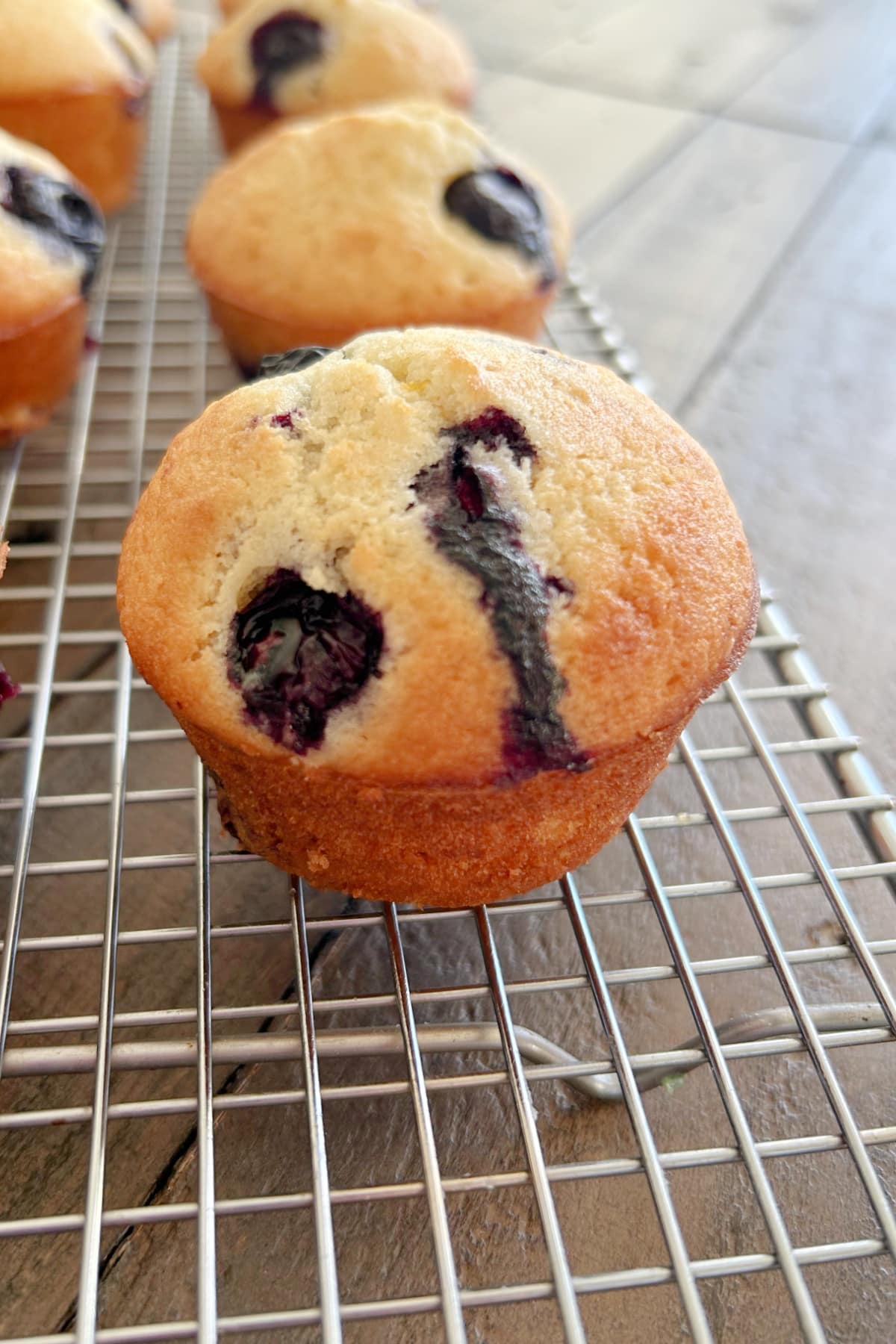 Old Fashioned Blueberry Muffins recipe from RecipeGirl.com blueberry muffin on rack