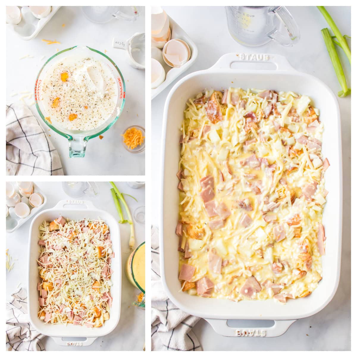 Overnight Croissant Ham and Cheese Breakfast Casserole recipe from RecipeGirl.com three photos showing you how to make overnight croissant ham and cheese breakfast casserole