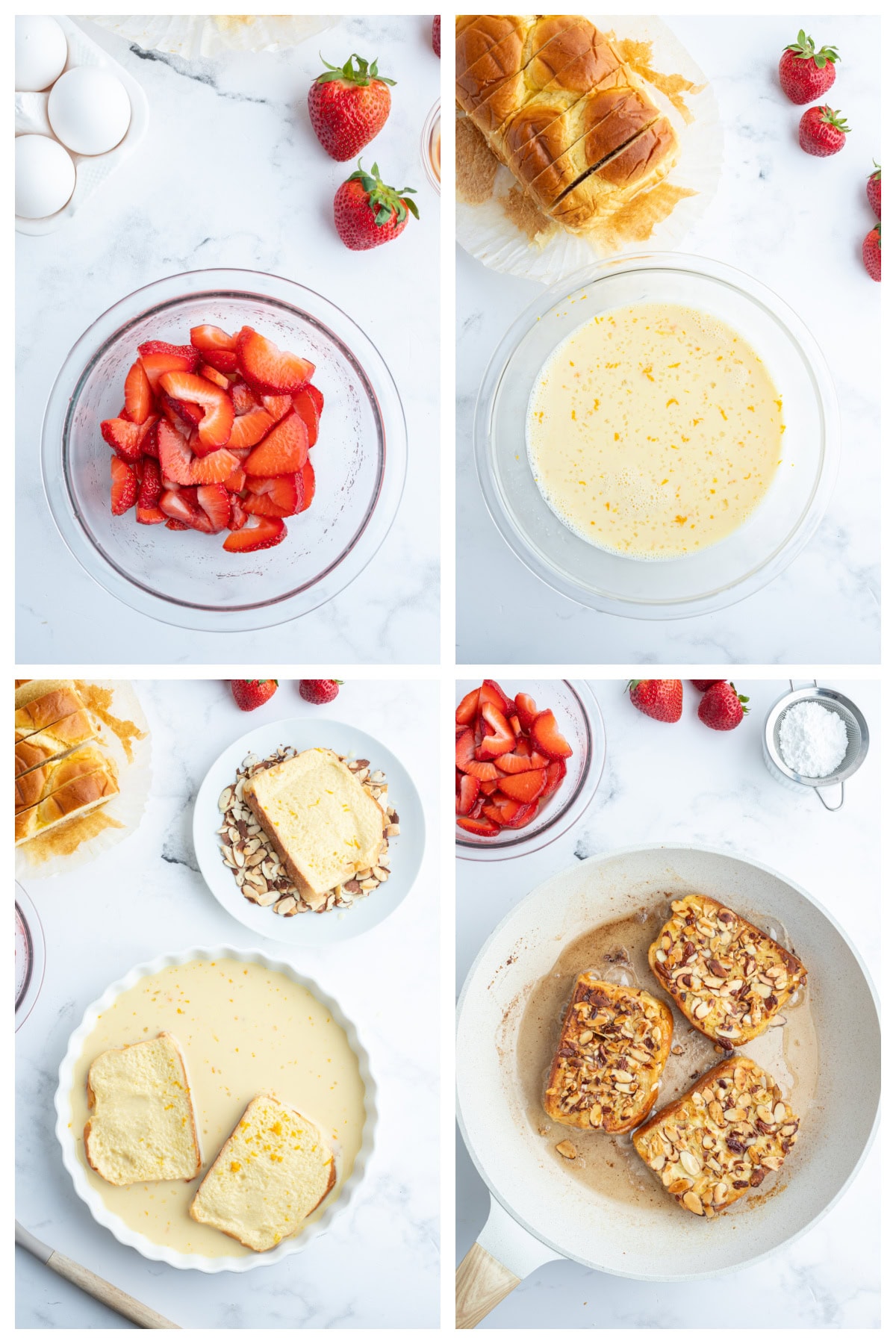 Pain Perdu is a traditional French toast. This is Ina Garten's Barefoot in Paris recipe with strawberries, almonds and Grand Marnier. four photos showing how to make pain perdu