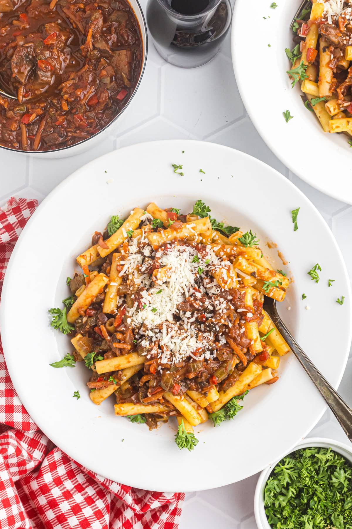 Pasta with Garden Bolognese recipe from RecipeGirl.com pasta with garden bolognese in a bowl