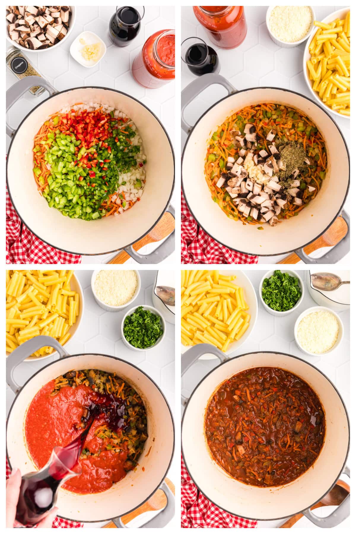 Pasta with Garden Bolognese recipe from RecipeGirl.com four photos showing how to make pasta with garden bolognese