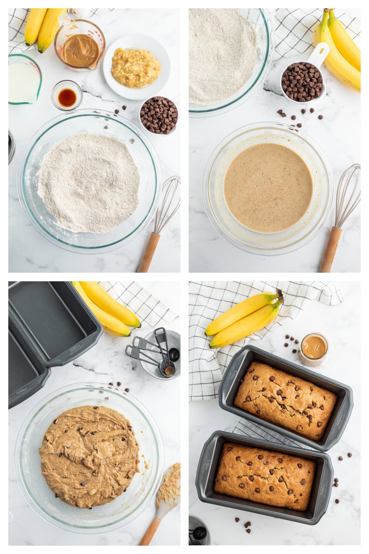 Peanut Butter Chocolate Chip Banana Bread recipe from RecipeGirl.com four photos showing how to make peanut butter chocolate chip banana bread