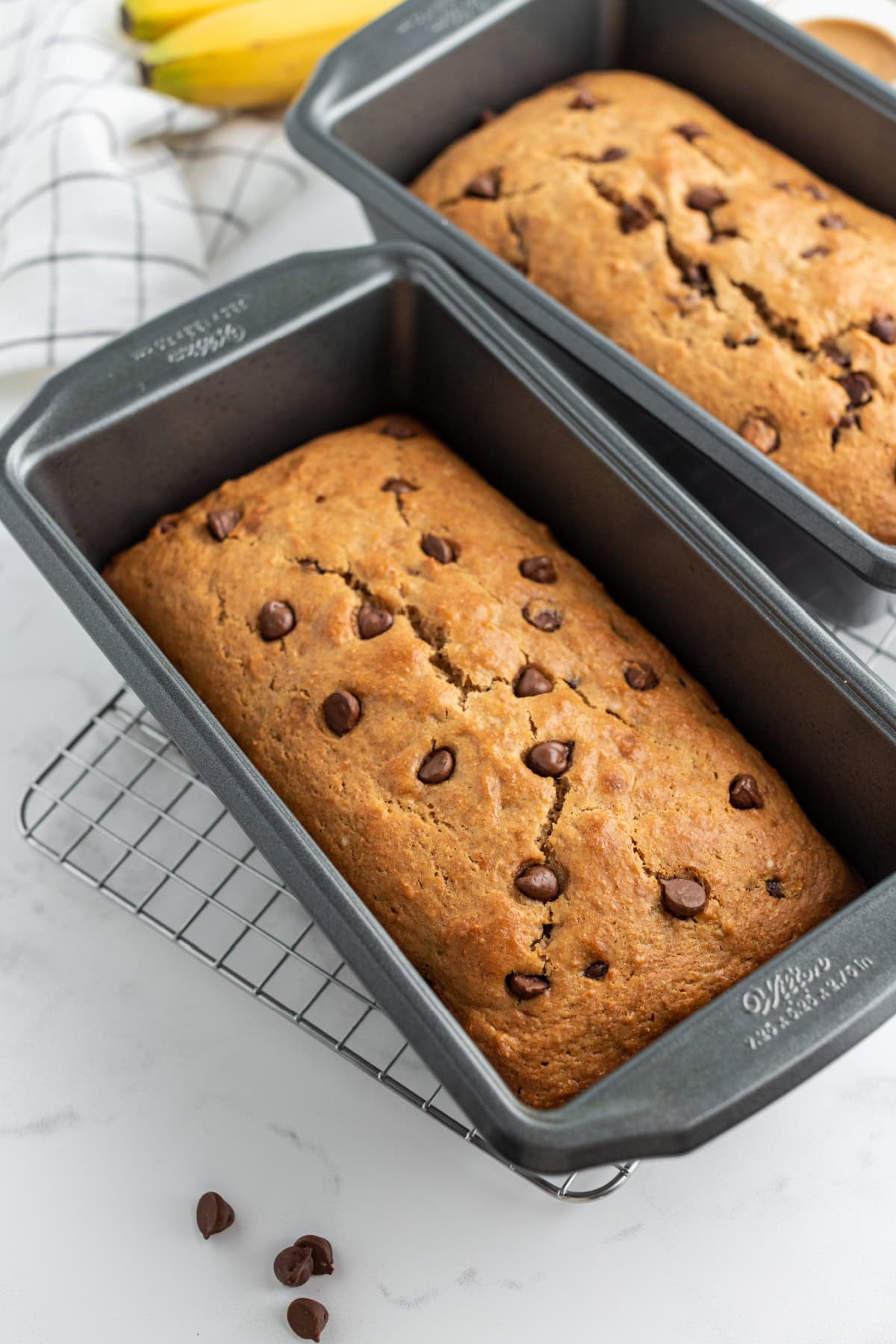 Peanut Butter Chocolate Chip Banana Bread recipe from RecipeGirl.com pans of peanut butter chocolate chip banana bread