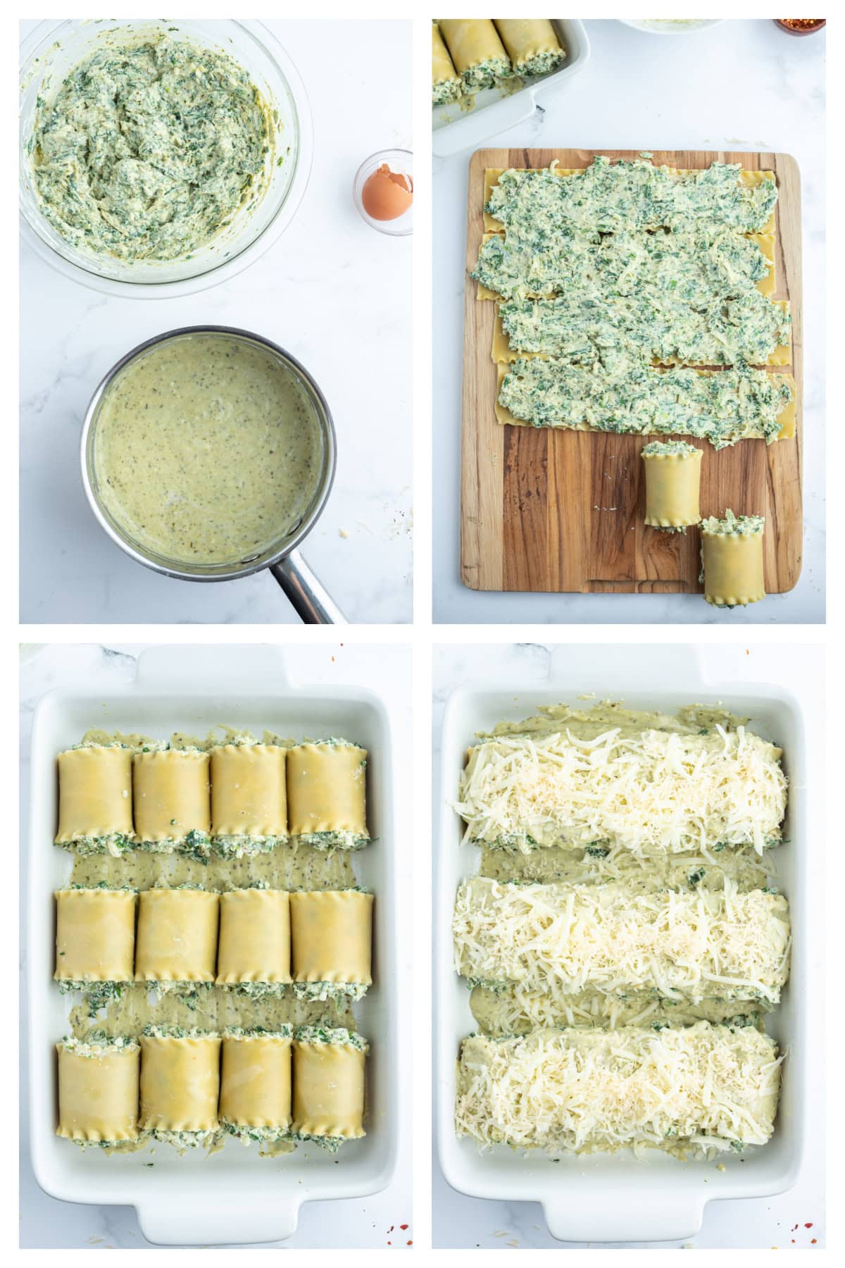 Pesto Lasagna Rolls recipe from RecipeGirl.com four photos showing how to make pesto lasagna rolls