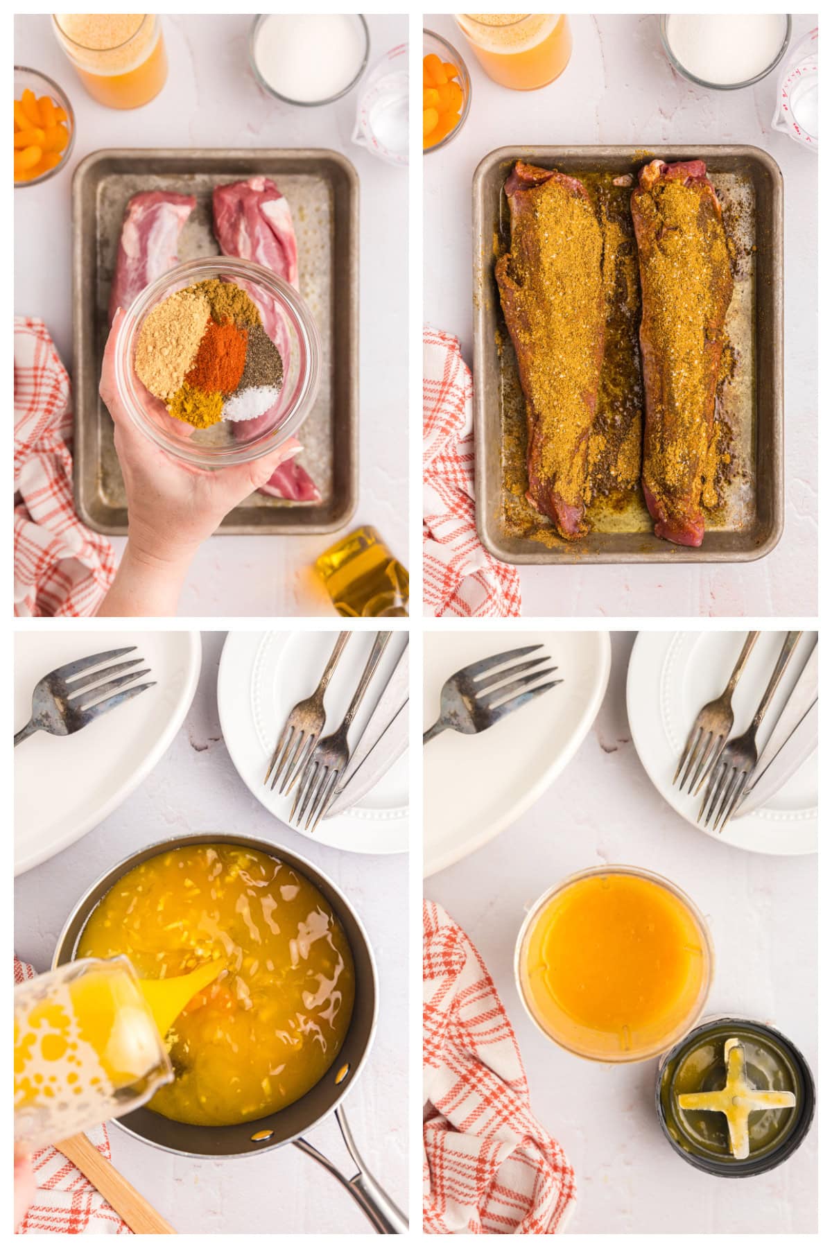 Pork Tenderloin with Apricot Ginger Sauce recipe from RecipeGirl.com four photos showing how to make pork tenderloin with apricot ginger sauce