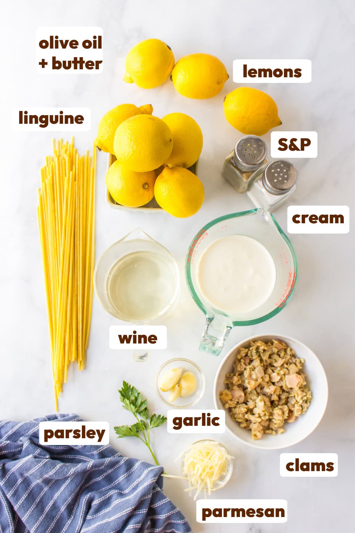 Pioneer Woman's Linguine with Clam Sauce: recipe shared from RecipeGirl.com ingredients displayed for making pioneer woman's clam linguine