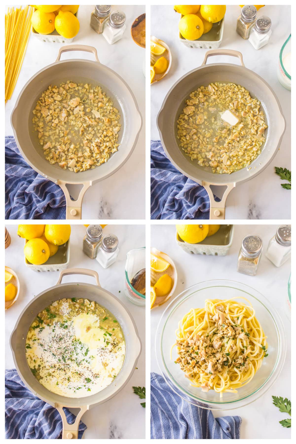 Pioneer Woman's Linguine with Clam Sauce: recipe shared from RecipeGirl.com four photos showing how to make pioneer woman's clam linguine