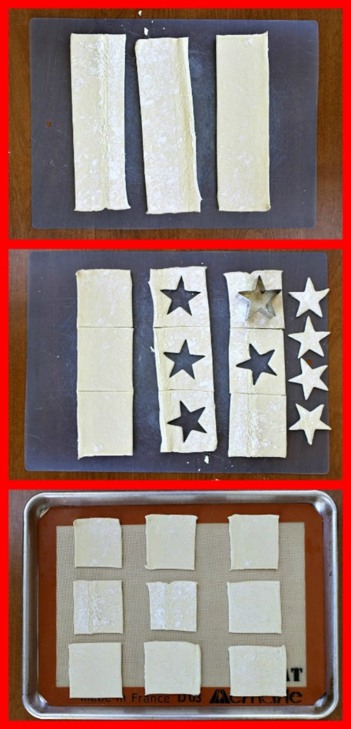 Red, White and Blue Patriotic Pastries recipe from RecipeGirl.com three photos showing how to cute out stars from puff pastry