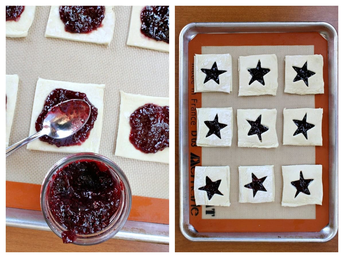 Red, White and Blue Patriotic Pastries recipe from RecipeGirl.com two photos showing how to make red white and blue pastries