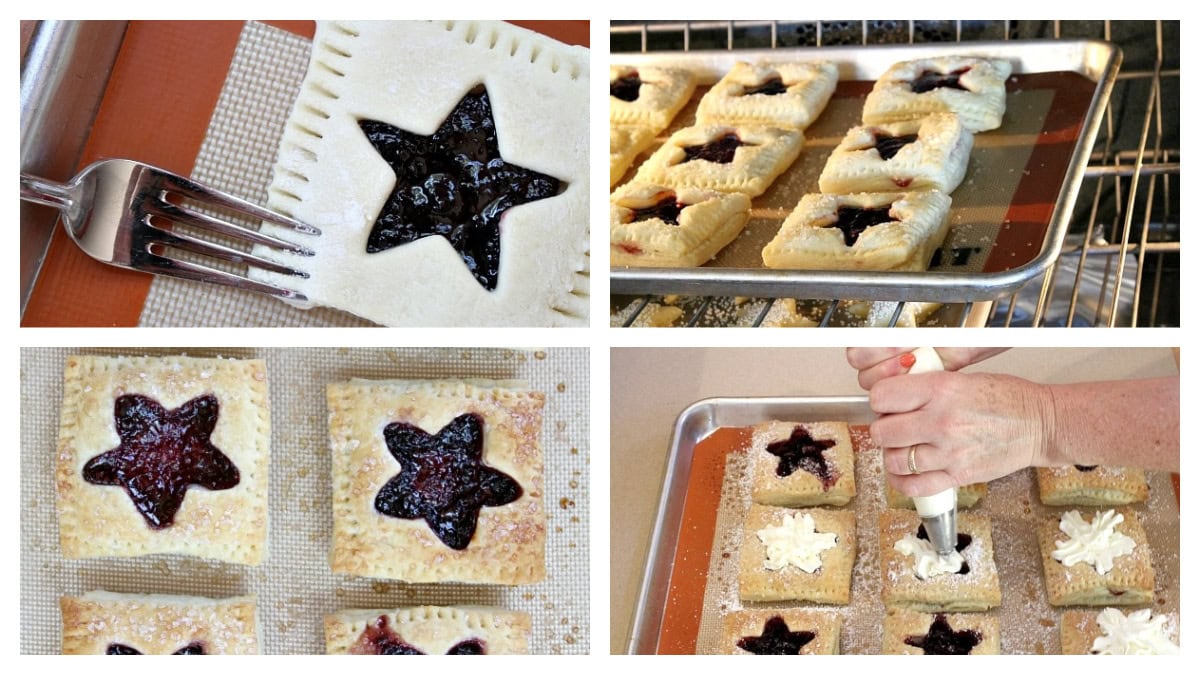 Red, White and Blue Patriotic Pastries recipe from RecipeGirl.com four photos showing how to assemble red white and blue pastries