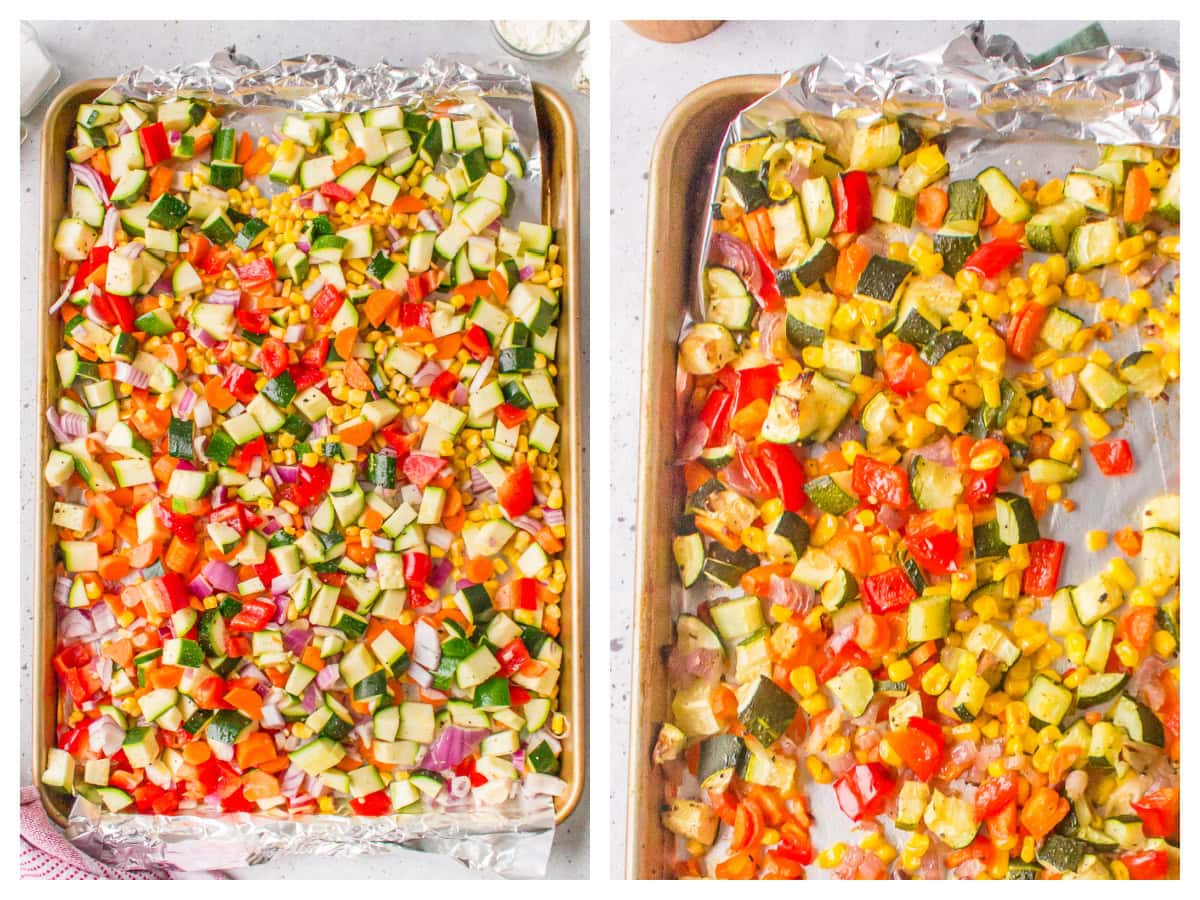Roasted Vegetable Lasagna Roll Ups recipe from RecipeGirl.com two photos showing how to make roasted vegetables in pan