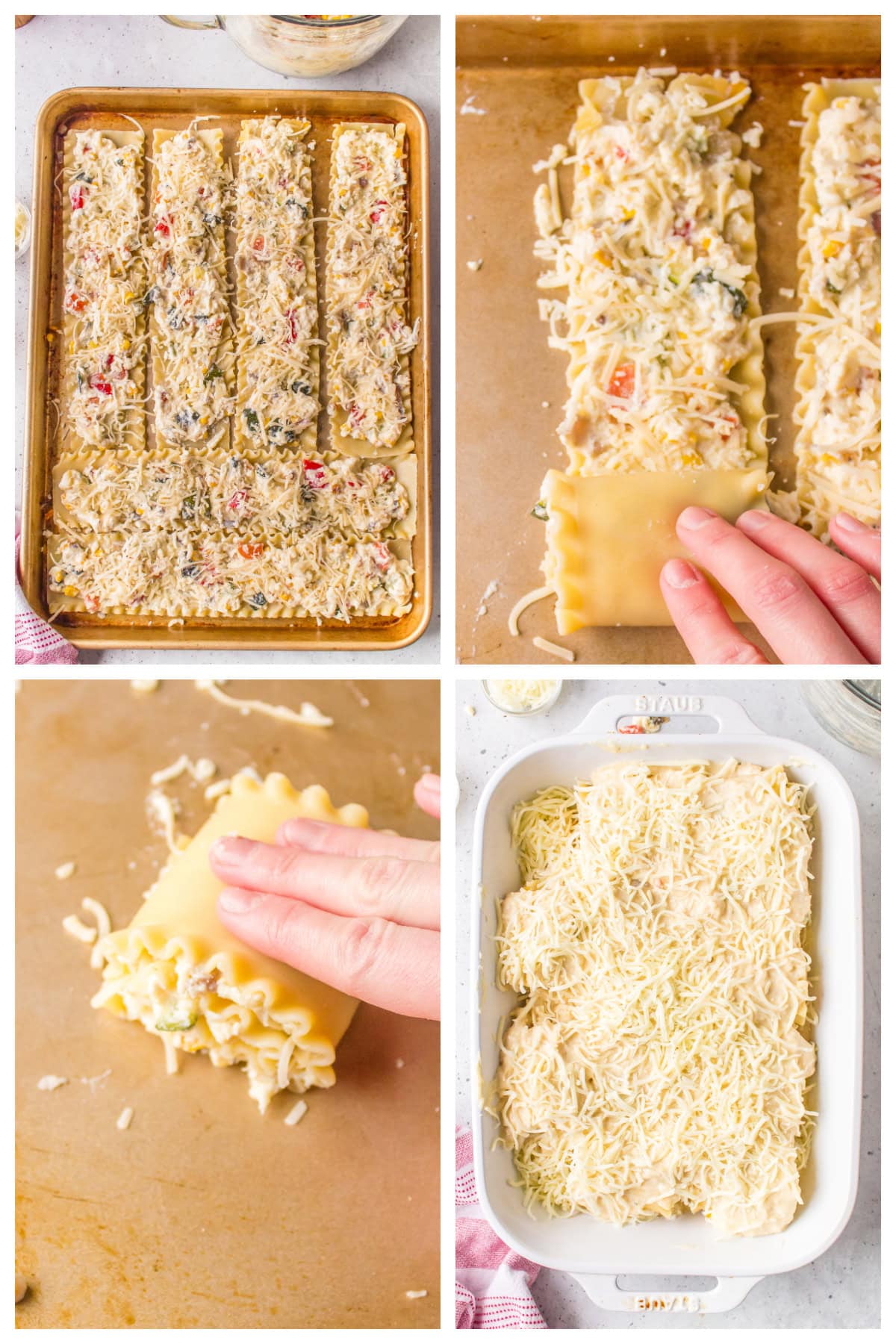 Roasted Vegetable Lasagna Roll Ups recipe from RecipeGirl.com four photos showing how to make roasted vegetable lasagna roll ups