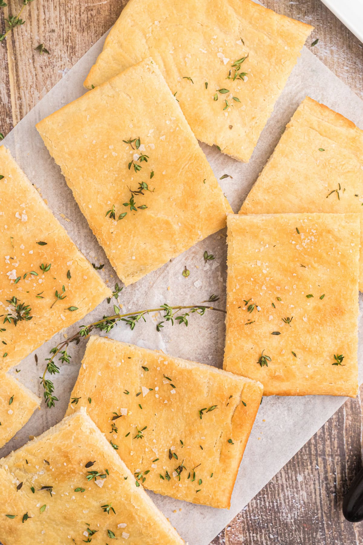 Salted Thyme Flatbread recipe from RecipeGirl.com pieces of salted thyme flatbread