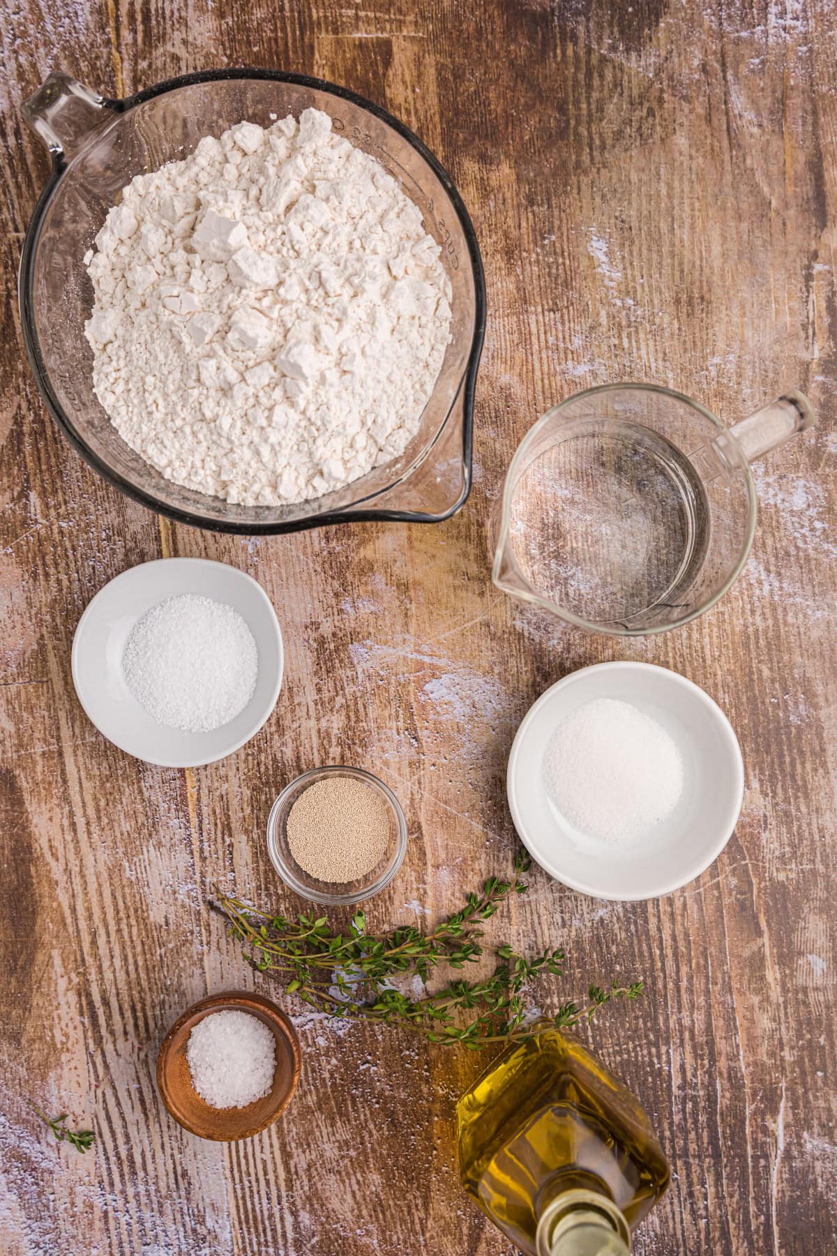 Salted Thyme Flatbread recipe from RecipeGirl.com ingredients displayed for making salted thyme flatbread