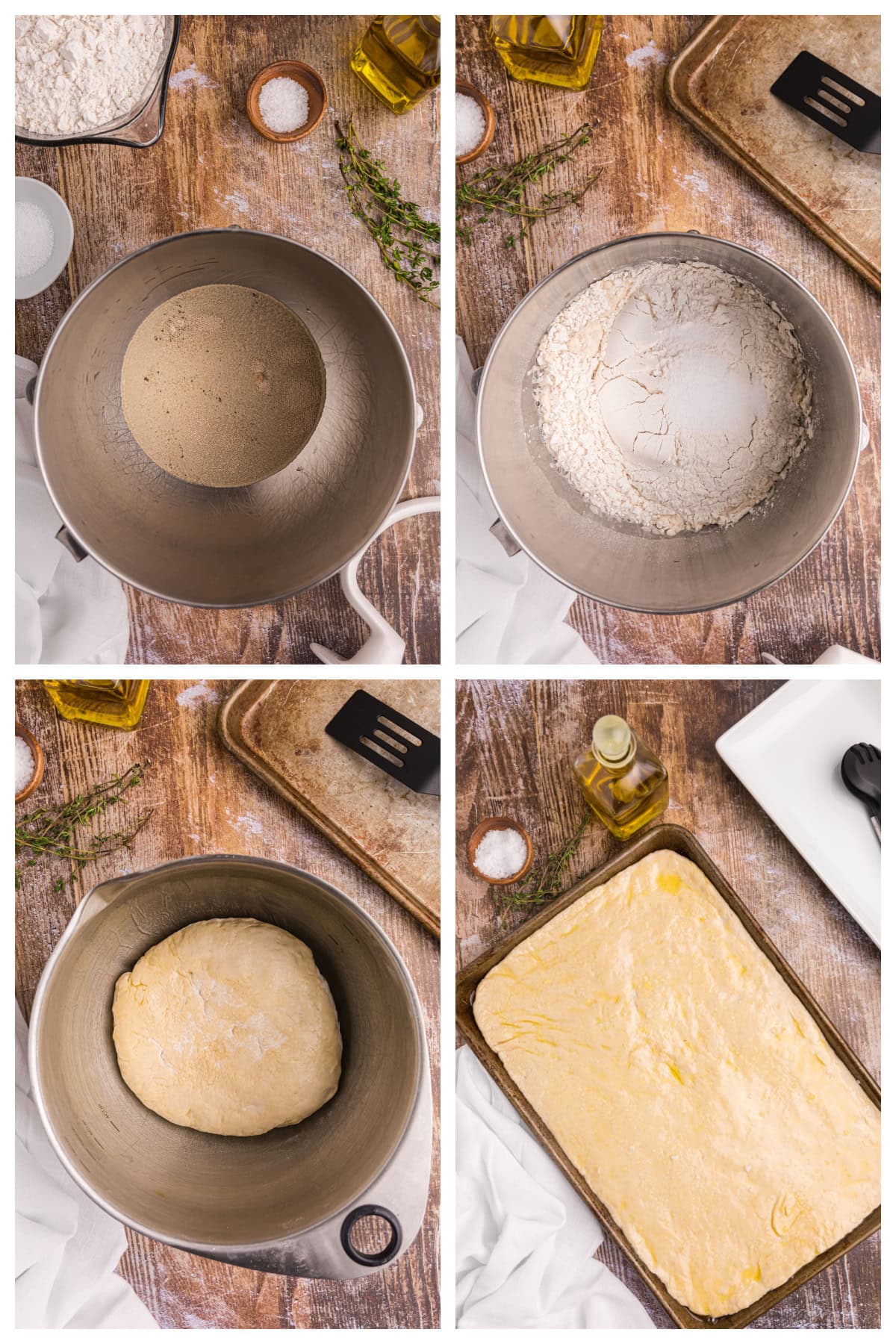 Salted Thyme Flatbread recipe from RecipeGirl.com four photos showing how to make salted thyme flatbread