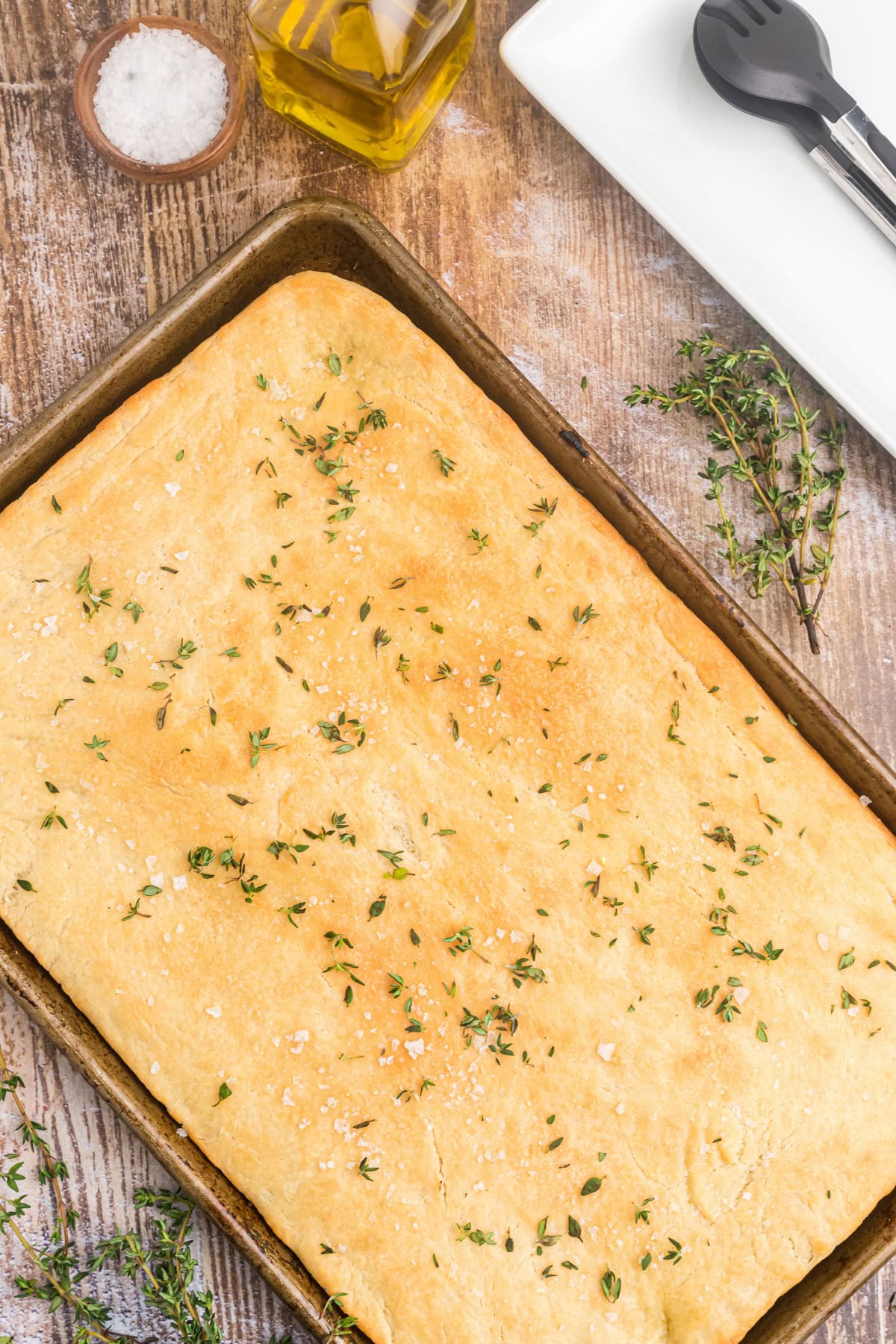 Salted Thyme Flatbread recipe from RecipeGirl.com salted thyme flatbread in pan