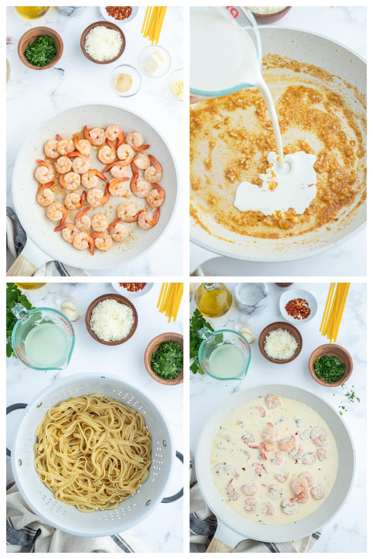 Shrimp Scampi Alfredo recipe from RecipeGirl.com four photos showing how to make shrimp scampi alfredo