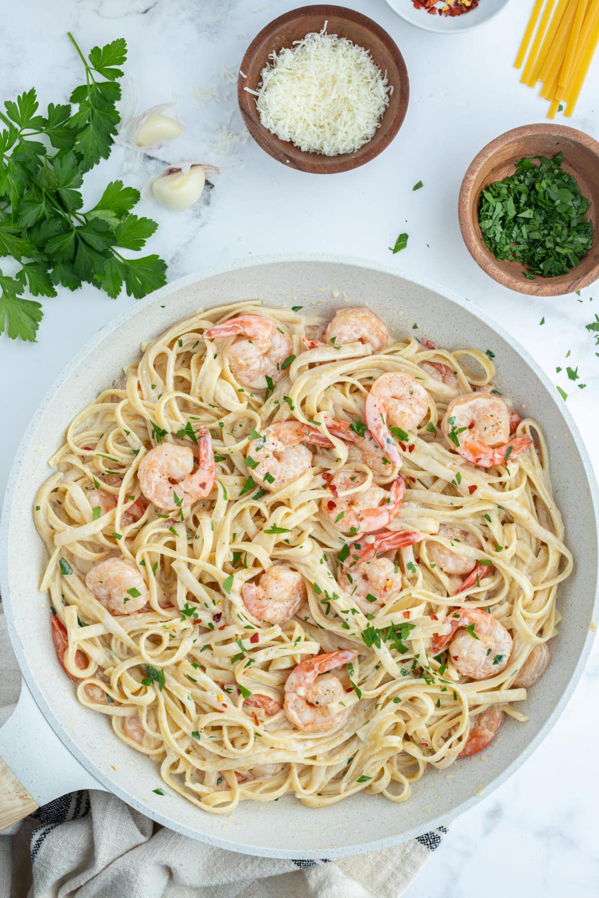 Shrimp Scampi Alfredo recipe from RecipeGirl.com big bowl of shrimp scampi alfredo