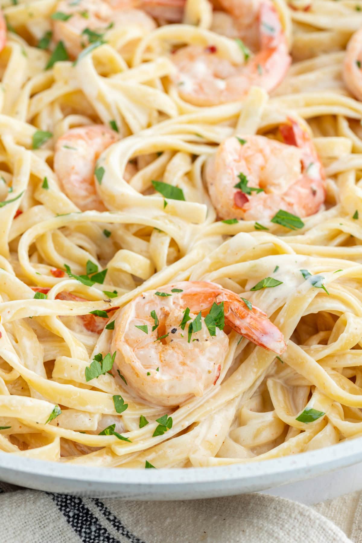 Shrimp Scampi Alfredo recipe from RecipeGirl.com close up shrimp scampi alfredo