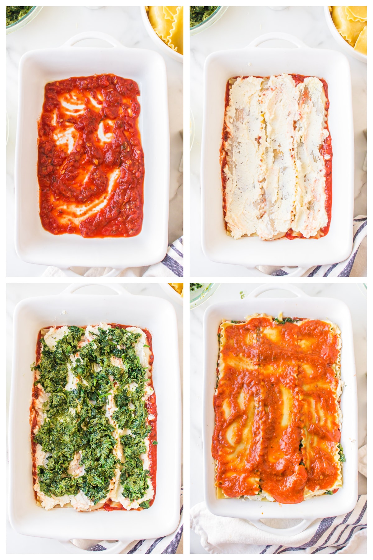 Spinach, Pesto and Cheese Lasagna recipe from RecipeGirl.com four photos showing how to make spinach, pesto and cheese lasagna