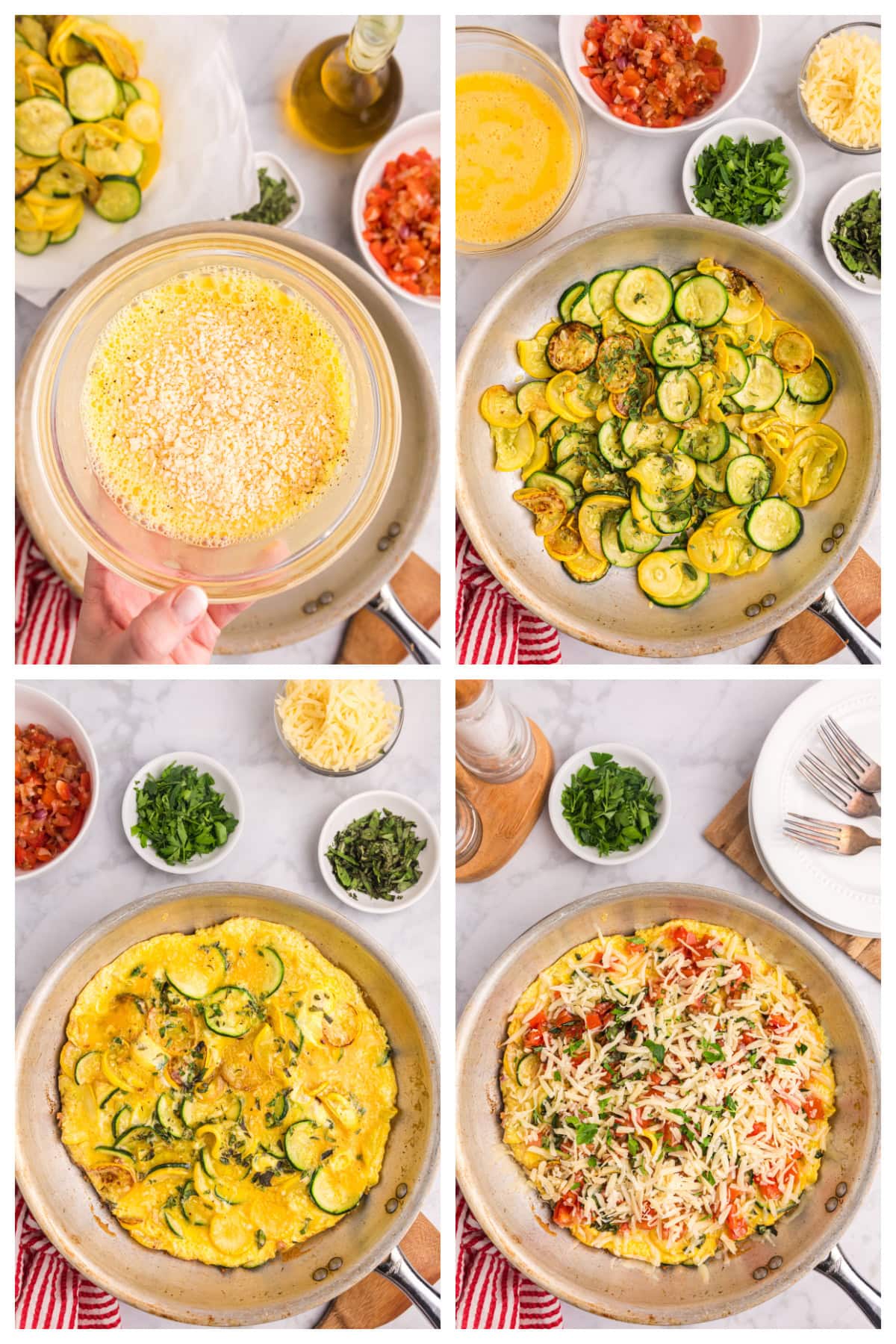 Squash and Tomato Oven Frittata recipe from RecipeGirl.com four photos showing how to make a squash and tomato oven frittata