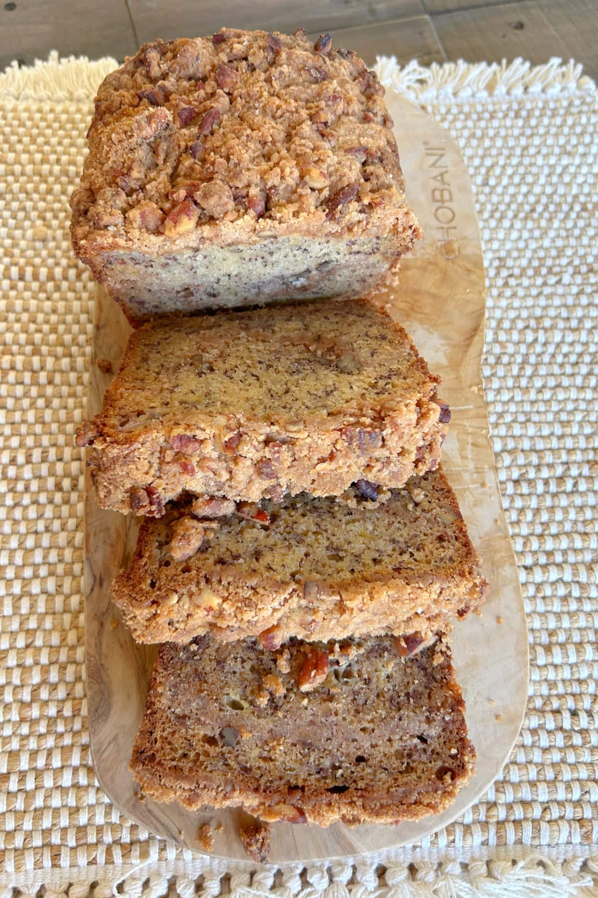 Streusel Banana Bread recipe from RecipeGirl.com streusel banana bread loaf sliced