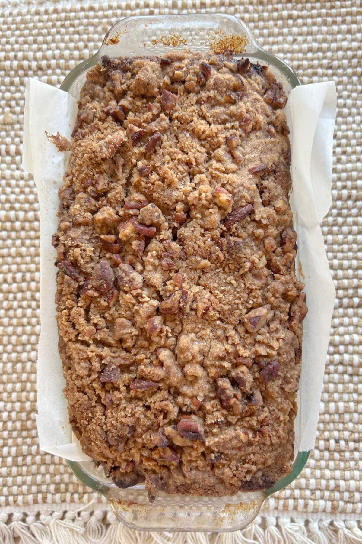 Streusel Banana Bread recipe from RecipeGirl.com overhead shot of streusel banana bread