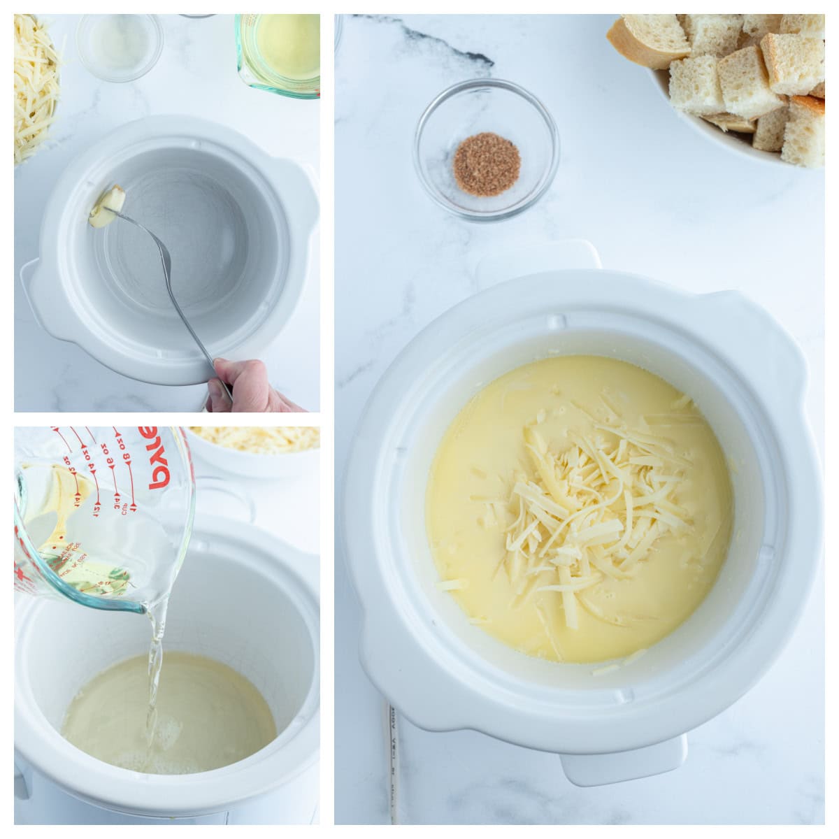 Classic Swiss Fondue recipe from RecipeGirl.com three photos showing how to make swiss cheese fondue