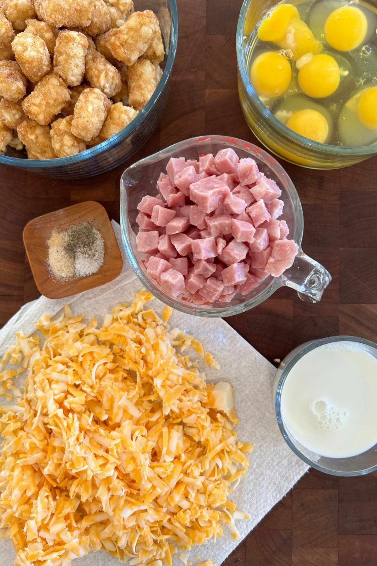 Tater Tot Breakfast Casserole recipe from RecipeGirl.com ingredients displayed for making tater tot breakfast casserole