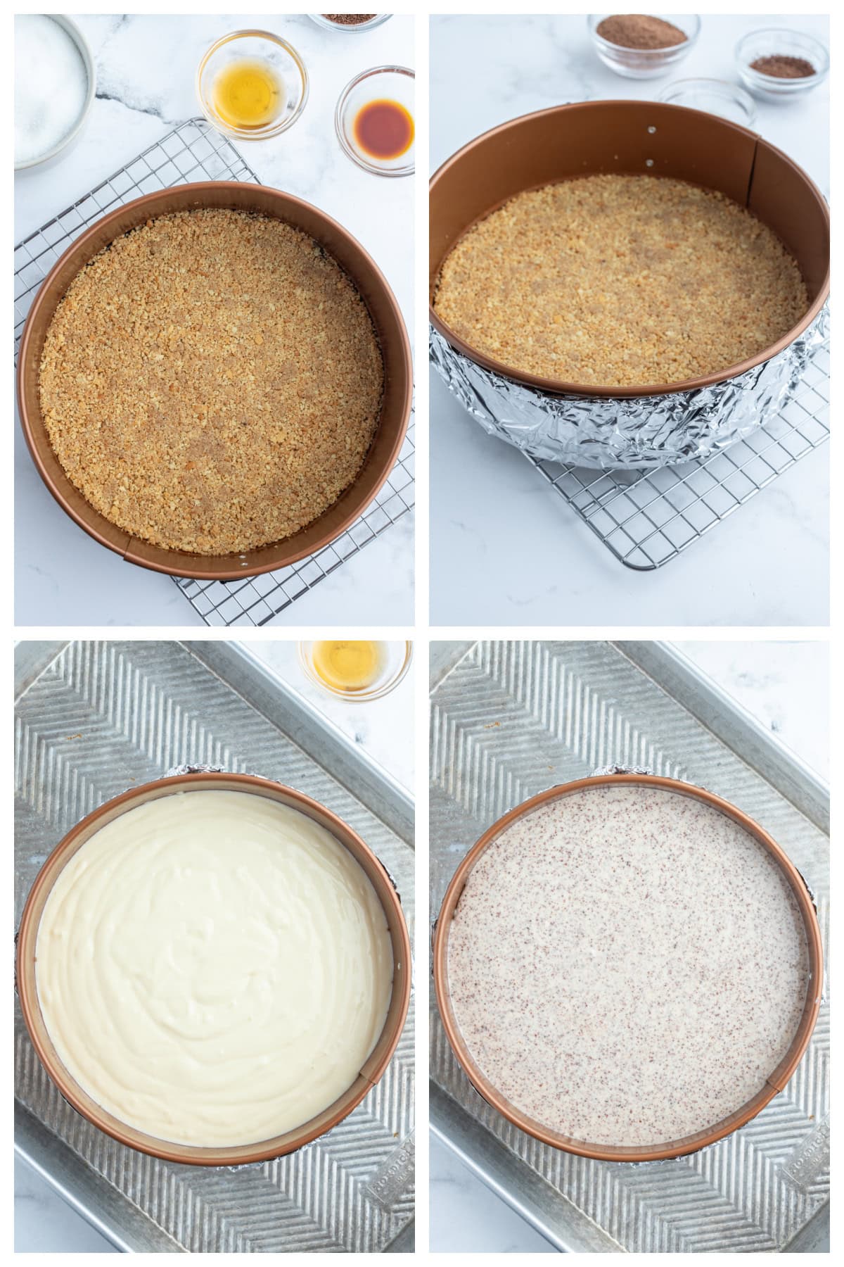 Tiramisu Cheesecake recipe from RecipeGirl.com four photos showing how to make tiramisu cheesecake