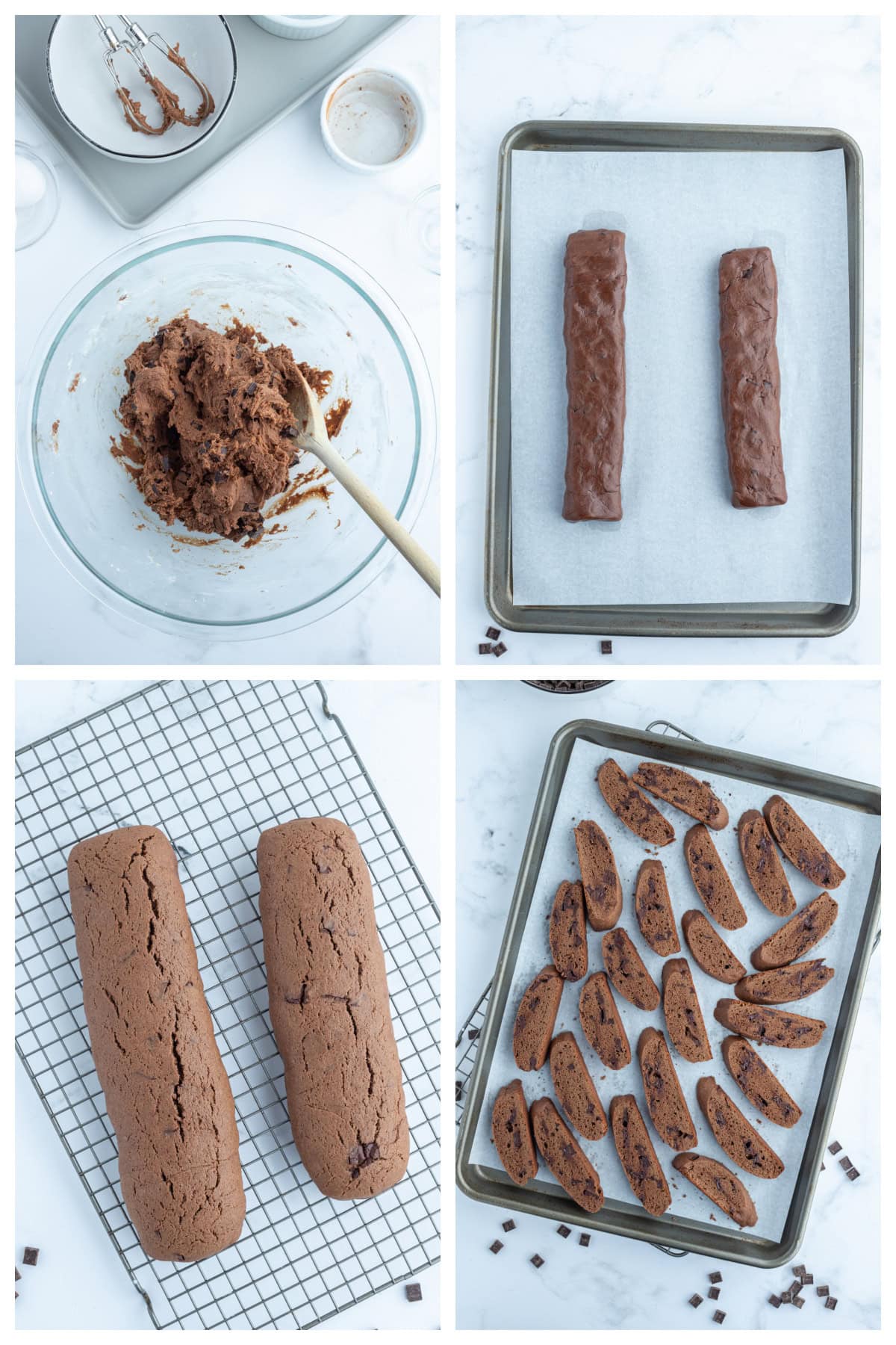 Triple Chocolate Biscotti recipe from RecipeGirl.com four photos showing how to make triple chocolate biscotti